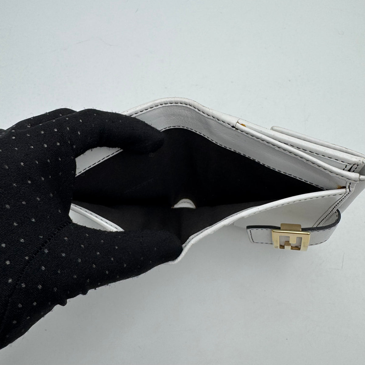 Fendi Black Gray Zucchino Canvas White Leather Bifold Short Wallet