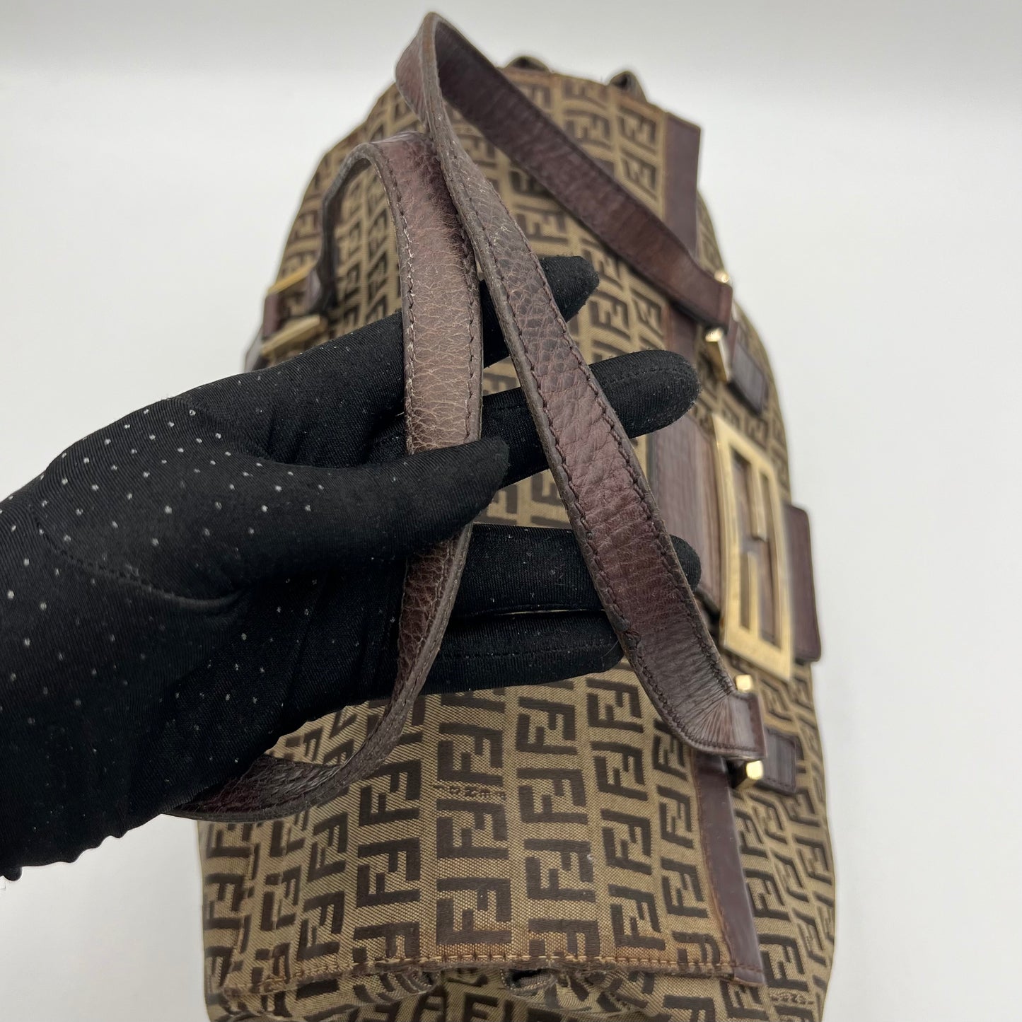 Fendi Brown Zucchino FF Buckle Flap Large Handbag