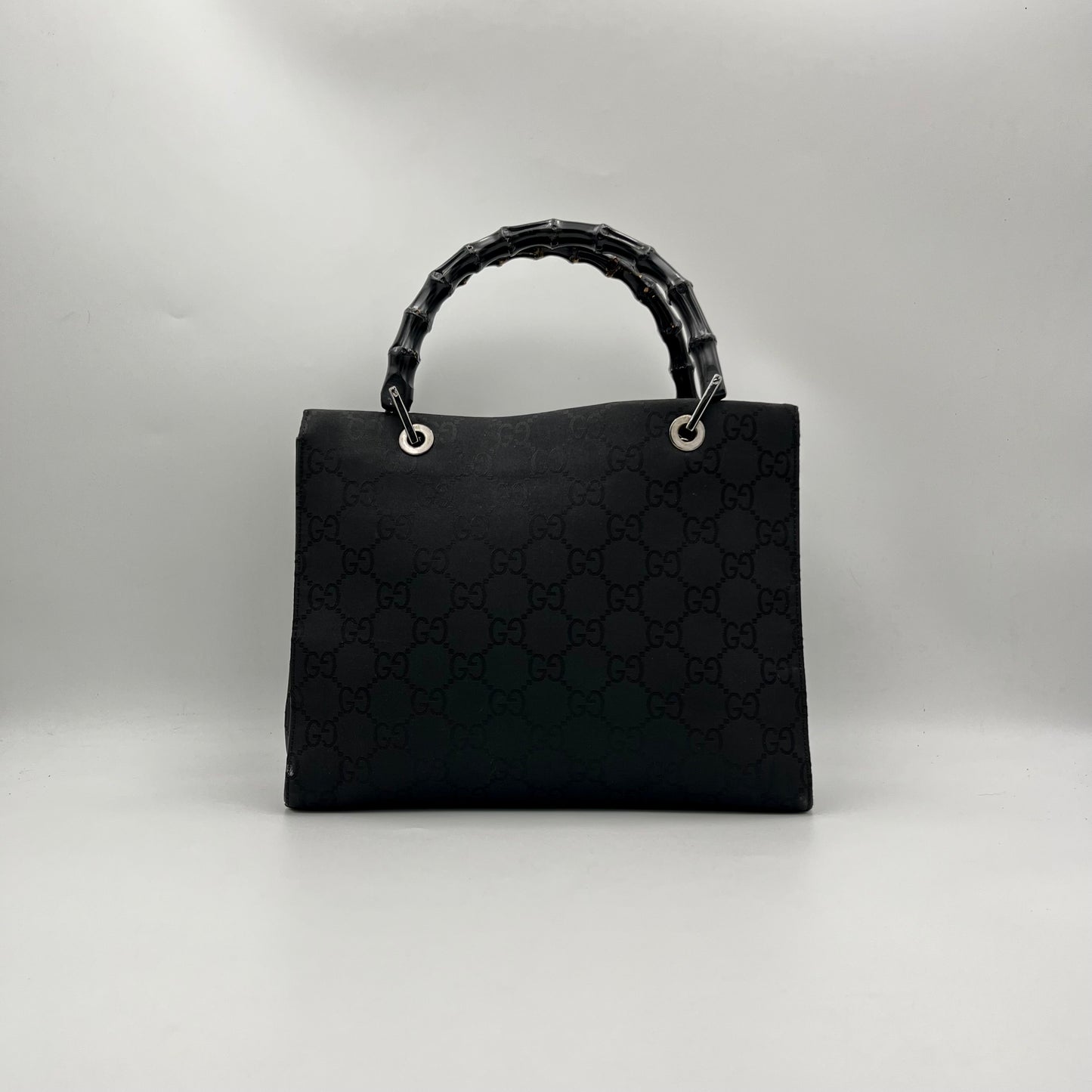 Gucci Black GG Monogram Nylon Bamboo Handbag