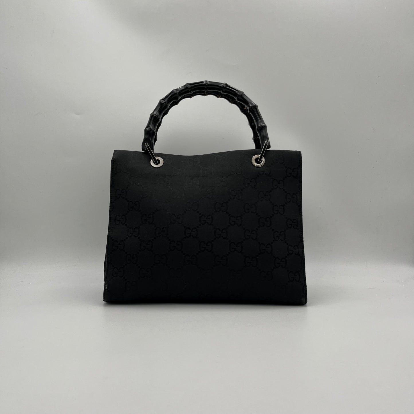 Gucci Black GG Monogram Nylon Bamboo Handbag