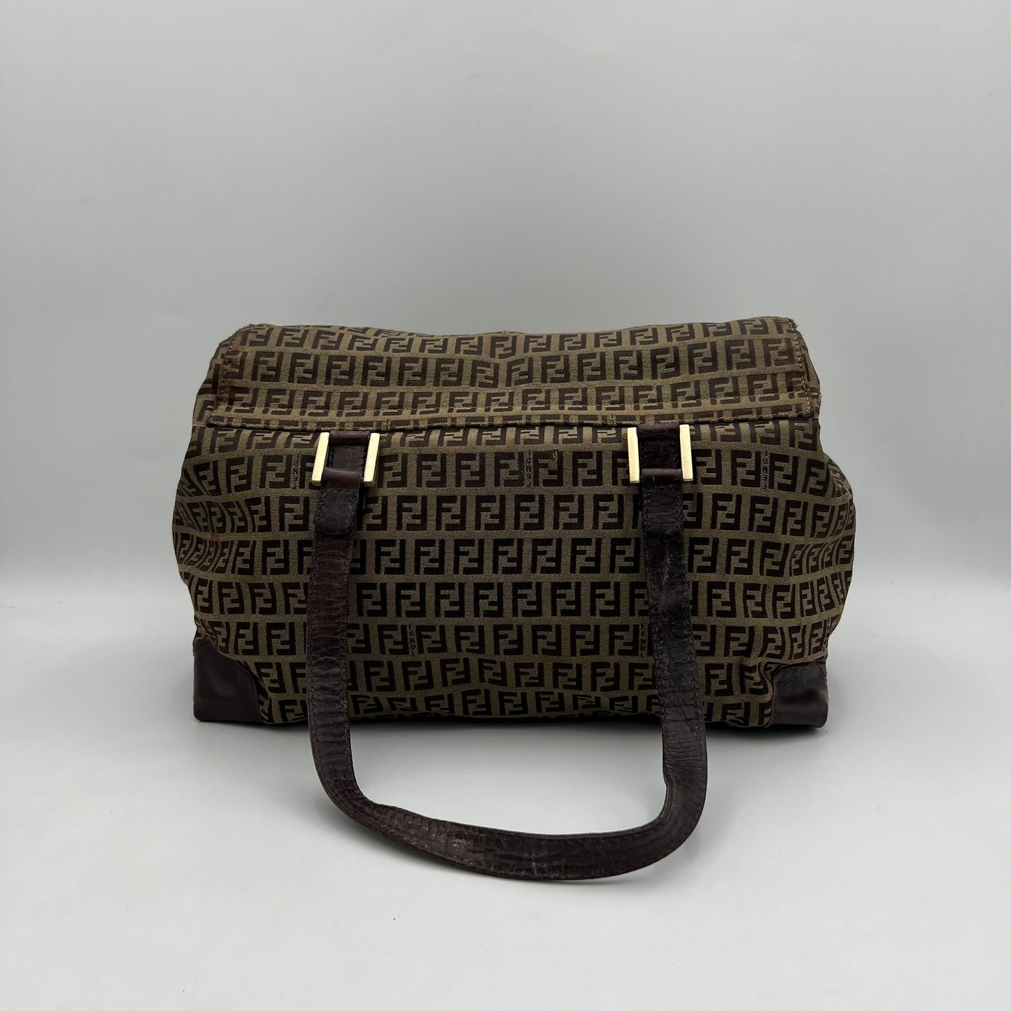 Fendi Brown Zucchino FF Buckle Flap Large Handbag