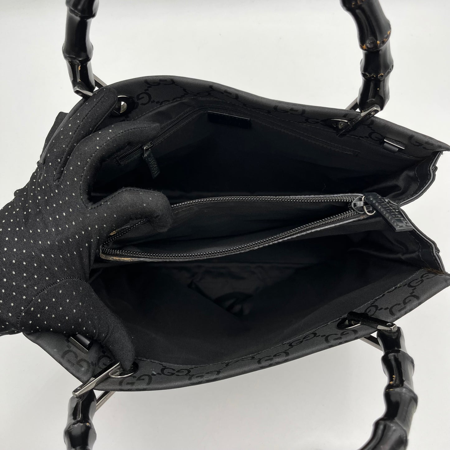 Gucci Black GG Monogram Nylon Bamboo Handbag