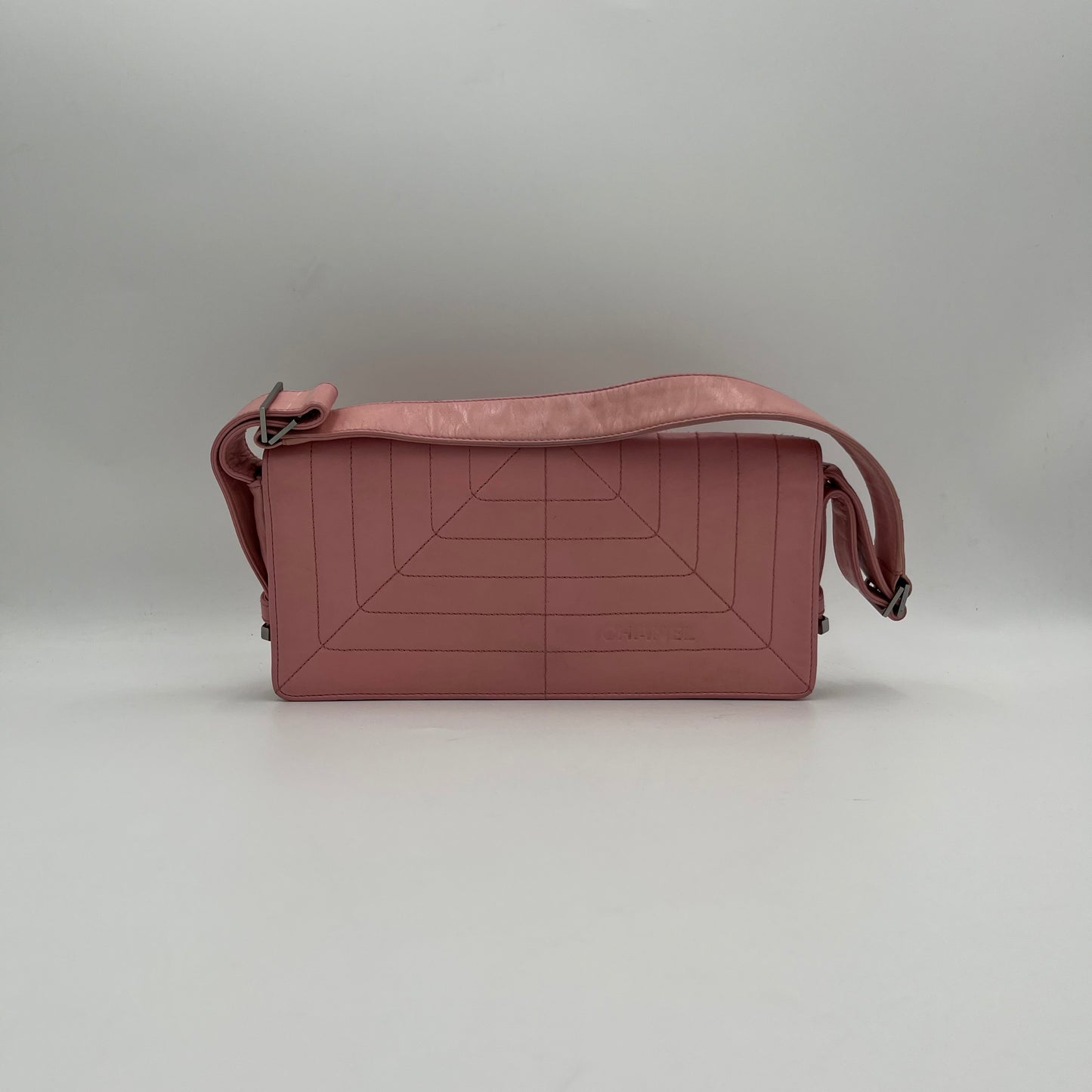 Chanel Pink Stitched Leather Flap Baguette