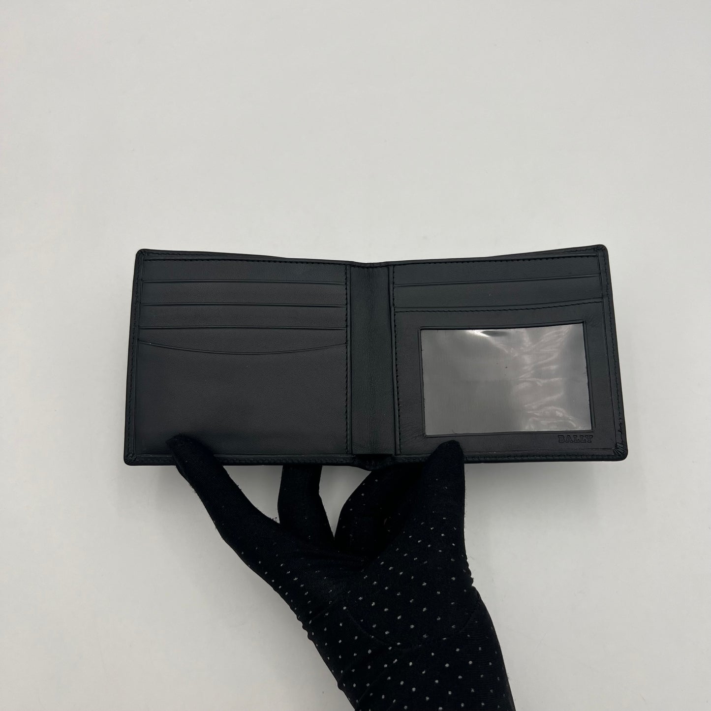 Bally Black Leather Silver Plate Bifold Wallet