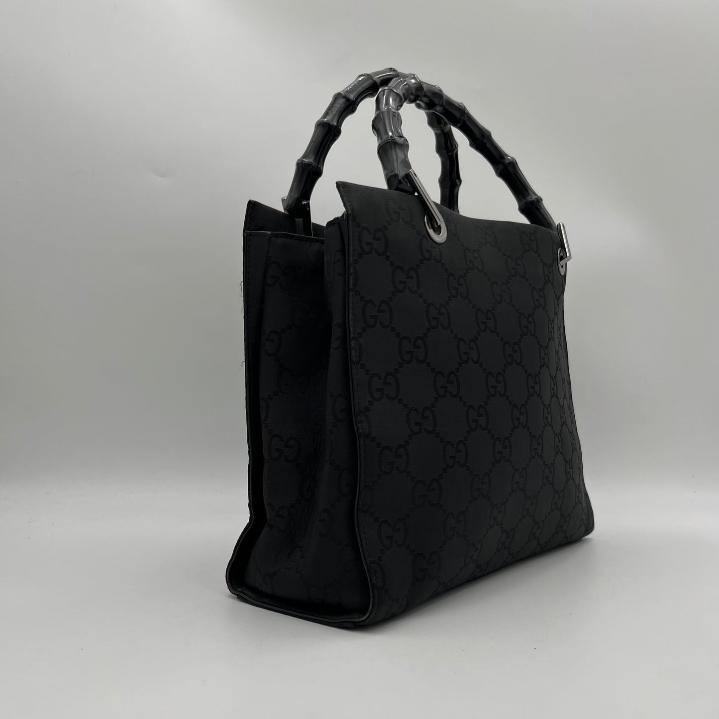 Gucci Black GG Monogram Nylon Bamboo Handbag