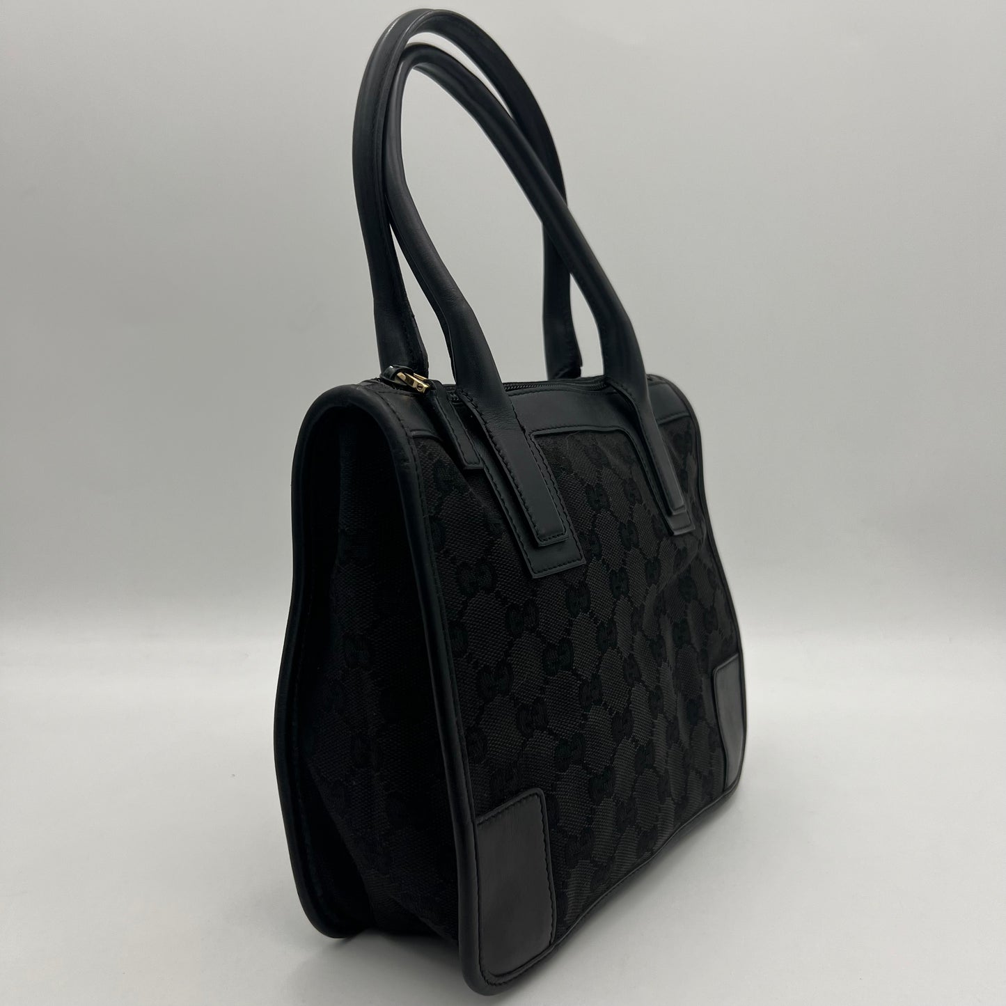 Gucci Black Monogram Canvas x Leather Small Handbag