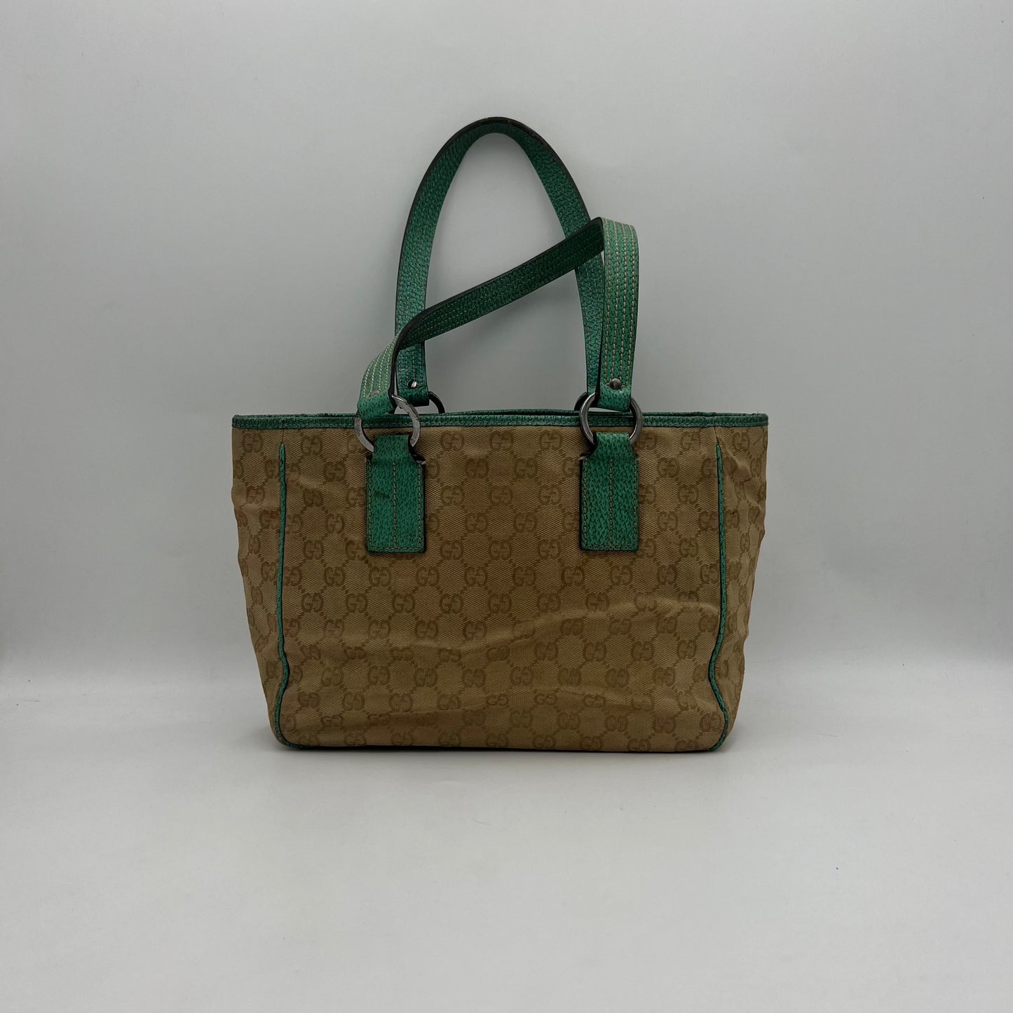 Gucci Light Brown Monogram Canvas Green Leather Handbag