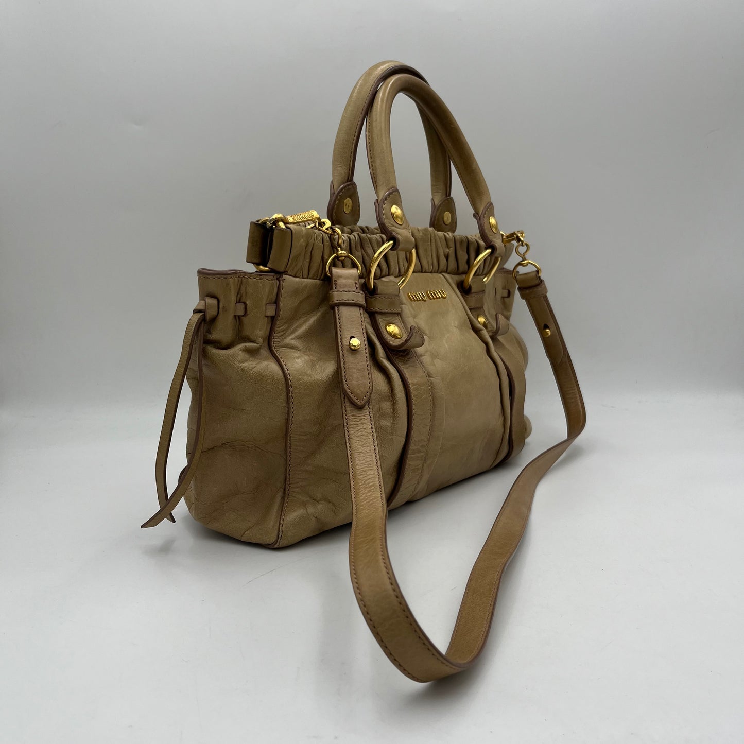 Miu Miu Beige Vitello Leather Handbag with Long Strap