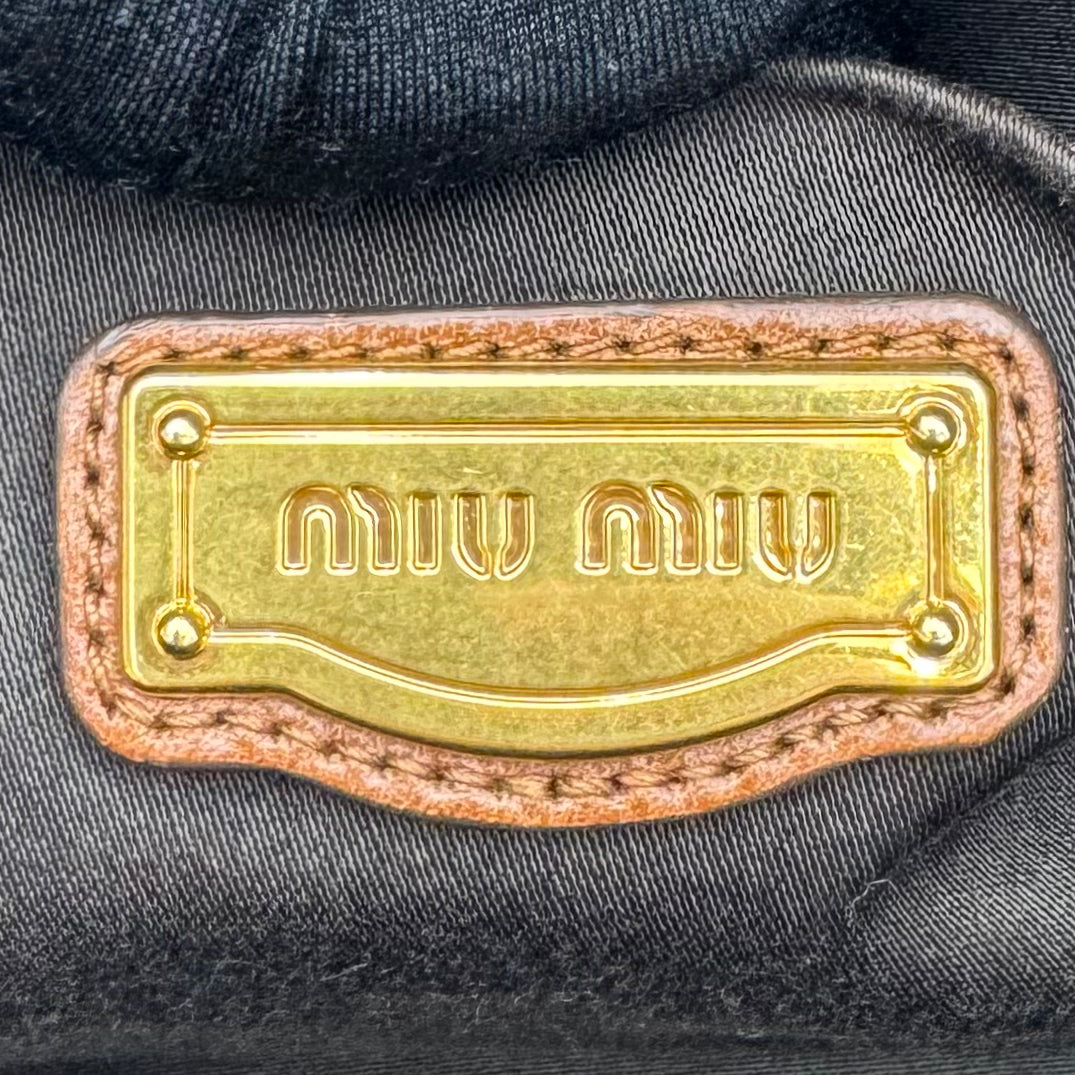Miu Miu Brown Vitello Lux Leather Studded Heart Charm Large Shoulder Bag