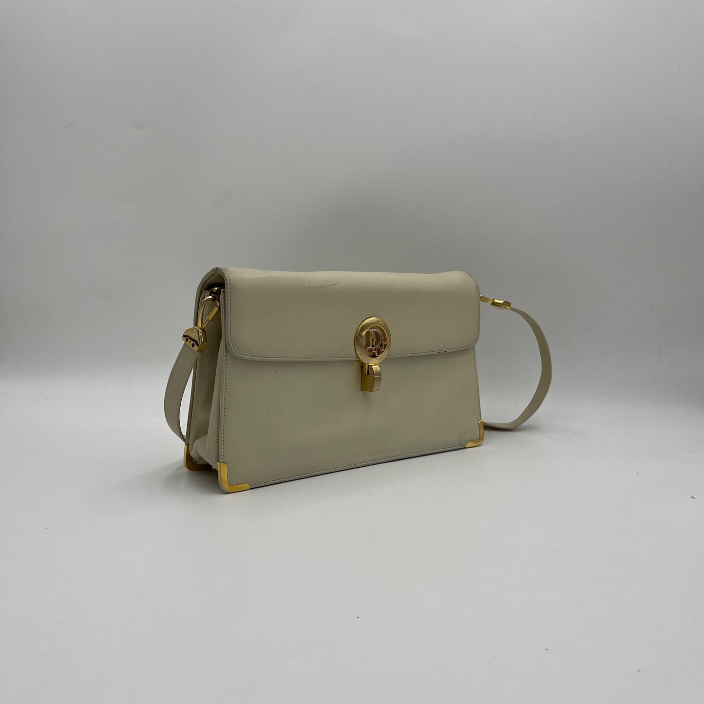 Christian Dior Vintage Ivory White Leather Flap Shoulder Bag
