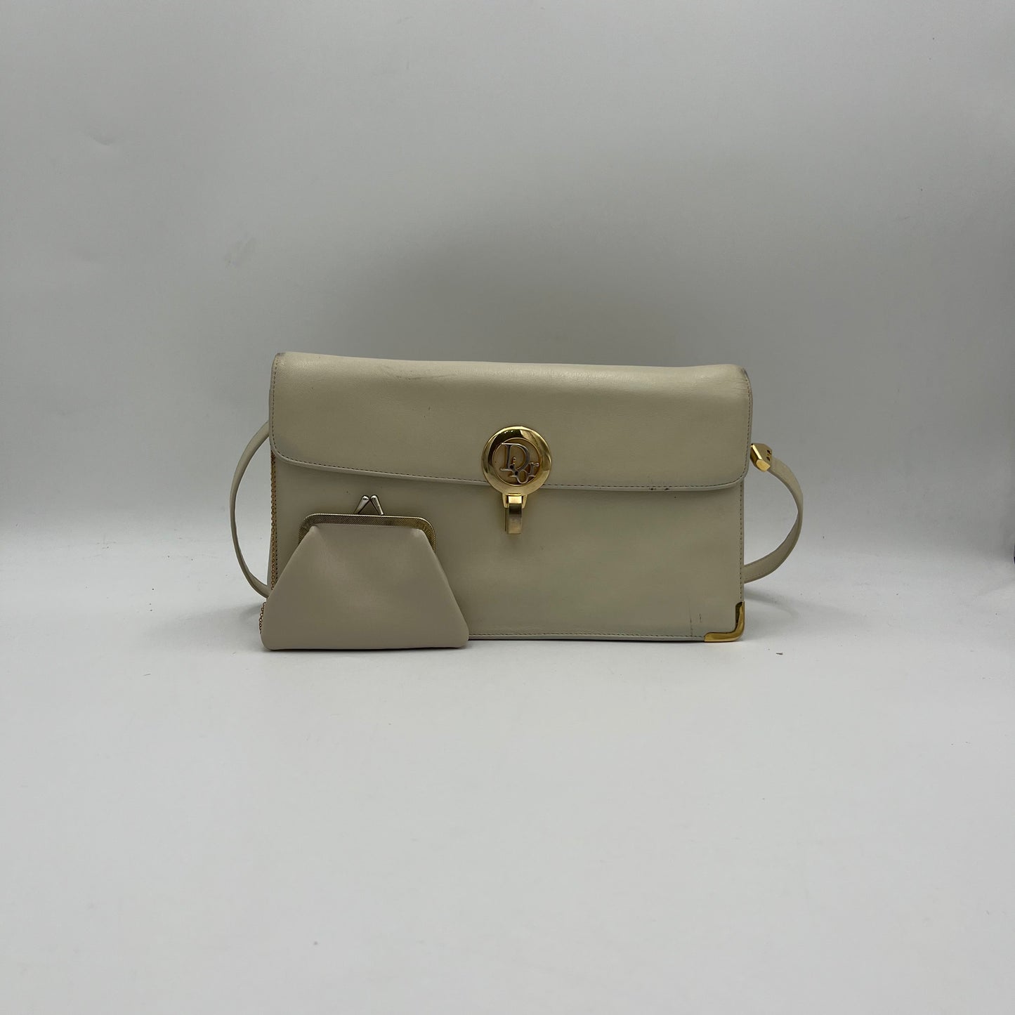 Christian Dior Vintage Ivory White Leather Flap Shoulder Bag