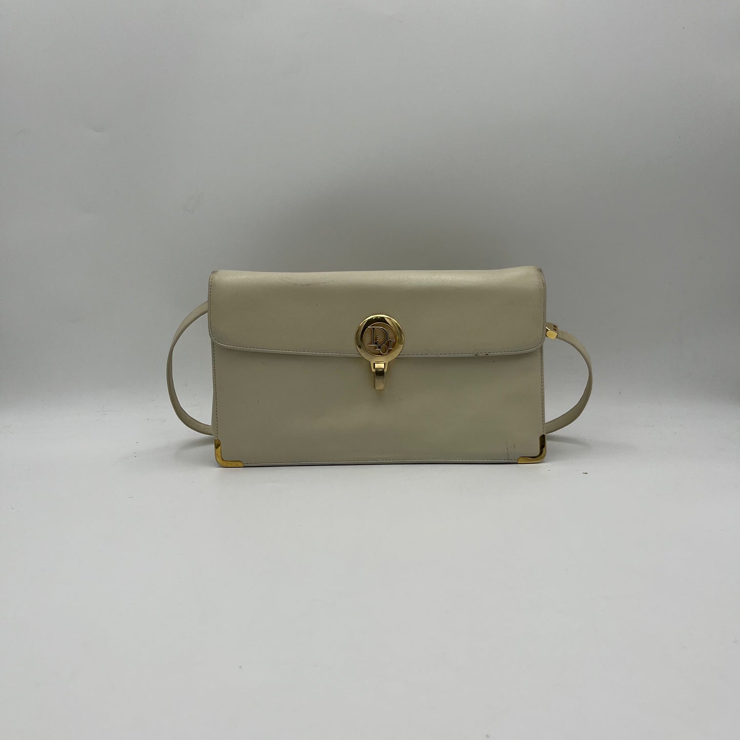 Christian Dior Vintage Ivory White Leather Flap Shoulder Bag