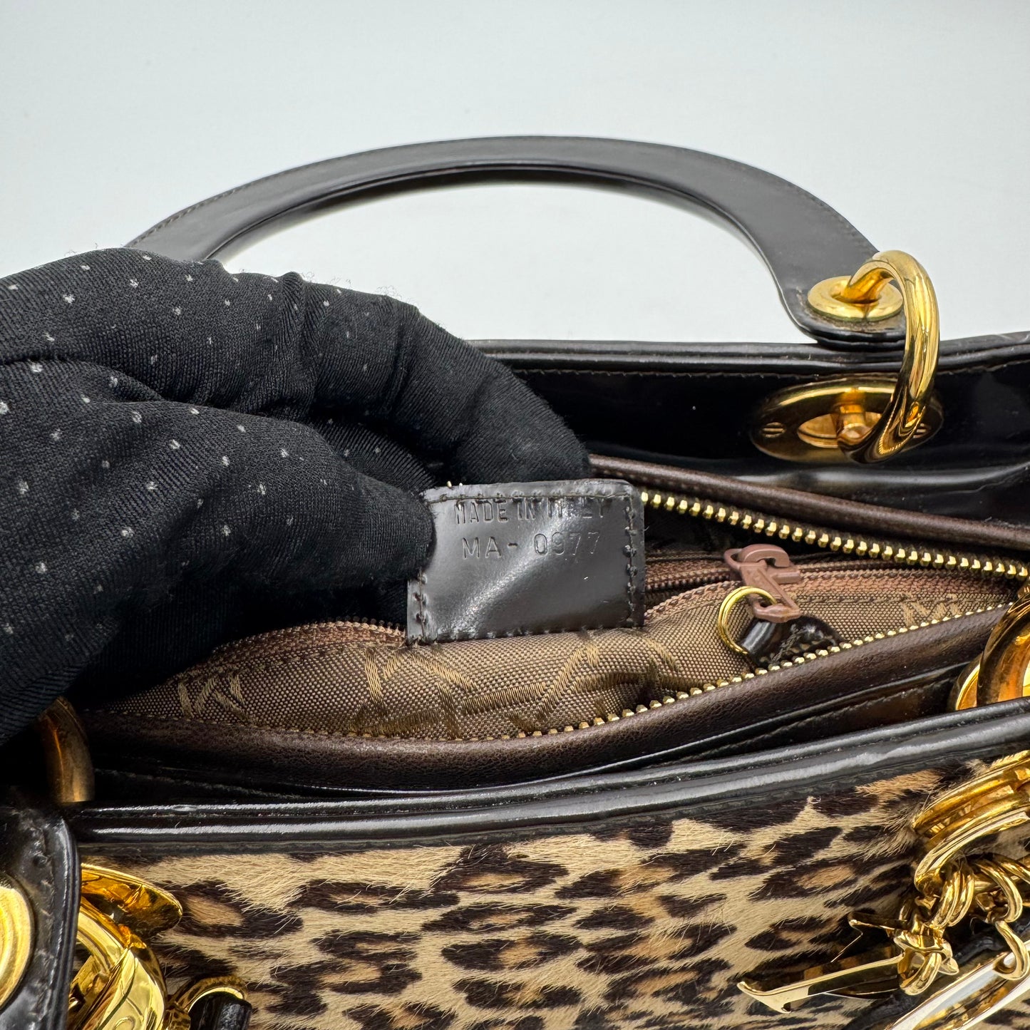 Christian Dior Leopard Print Fur Dark Brown Patent Leather Lady Dior with Long Strap GHW