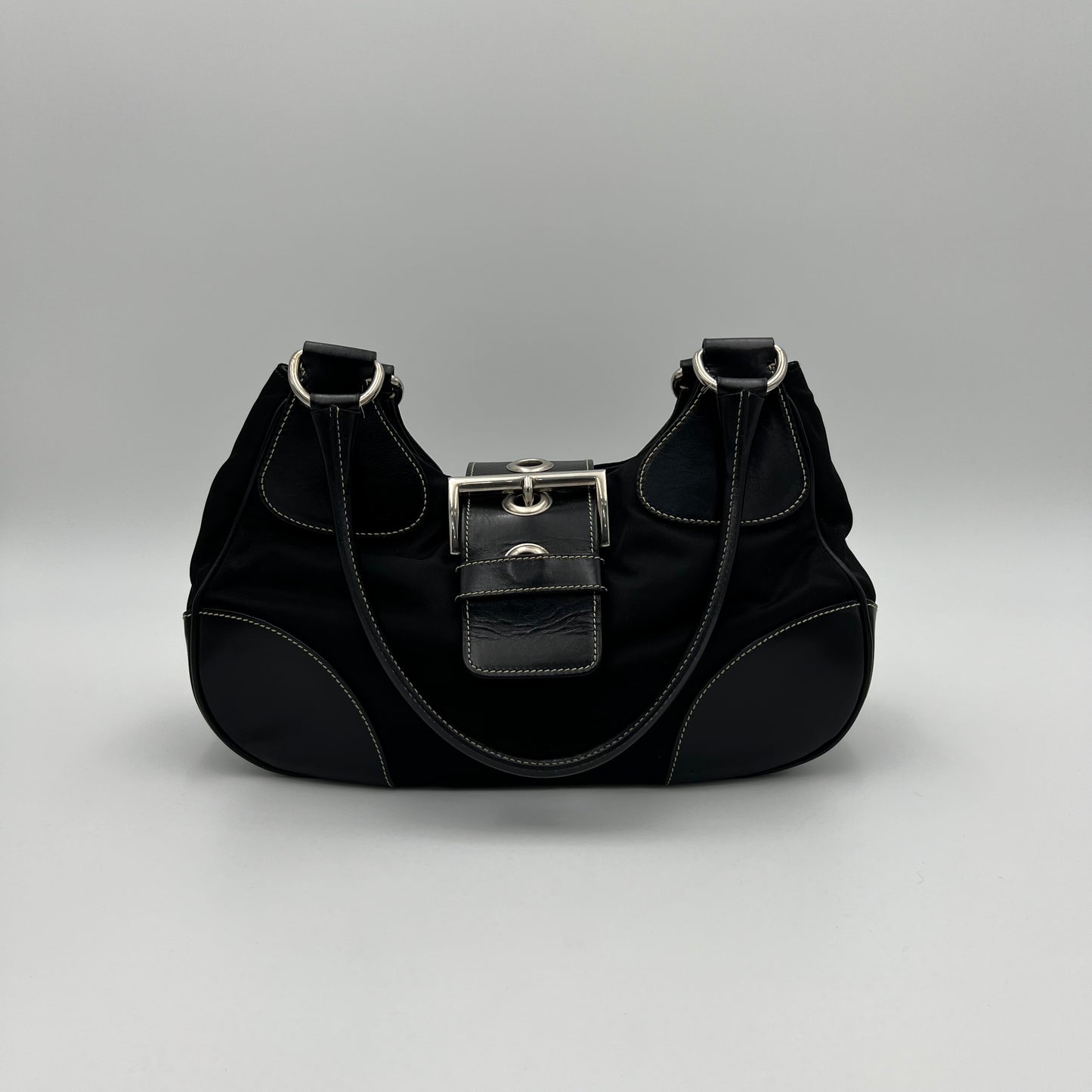 Prada Black Tessuto and Leather Moon Hobo Shoulder Bag