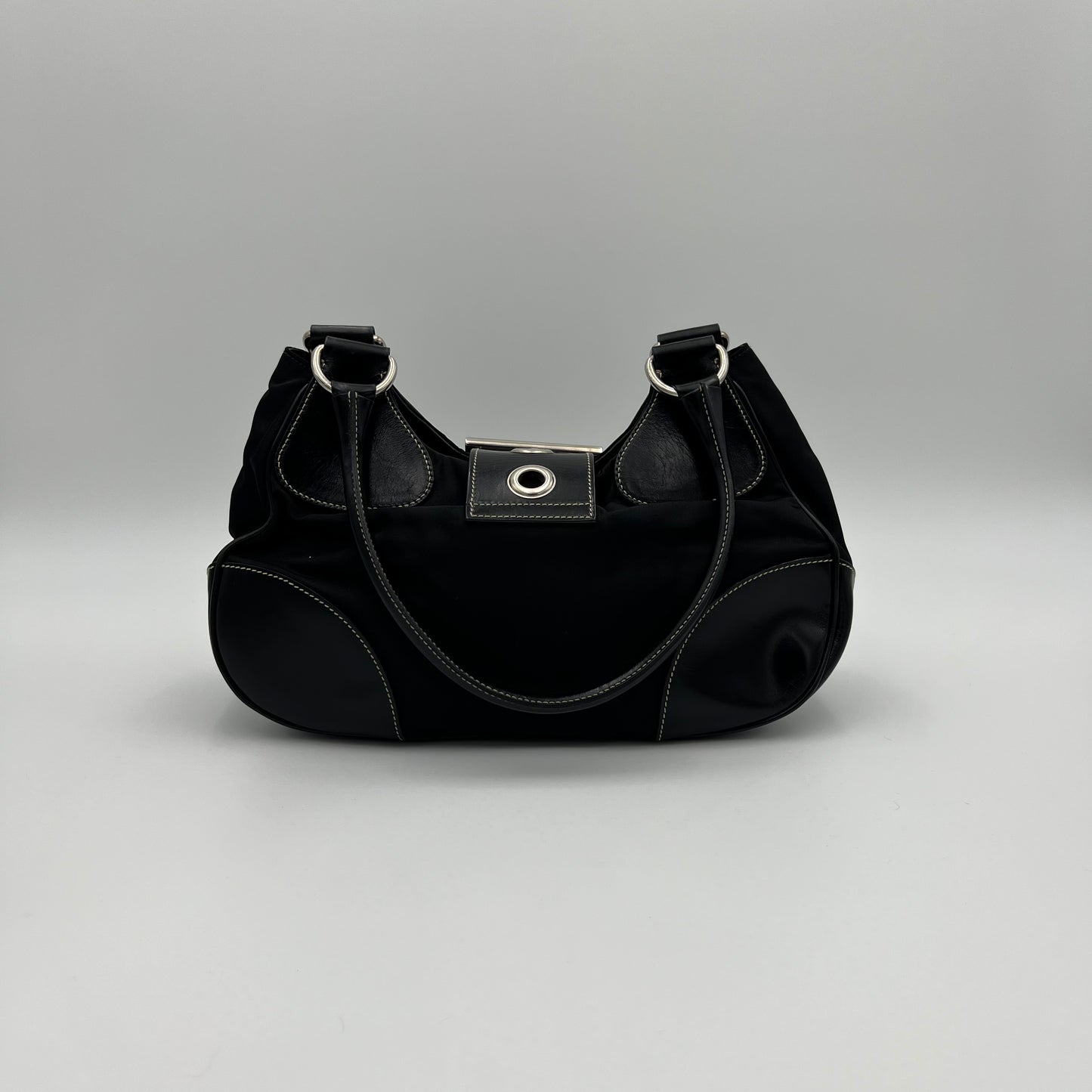 Prada Black Tessuto and Leather Moon Hobo Shoulder Bag