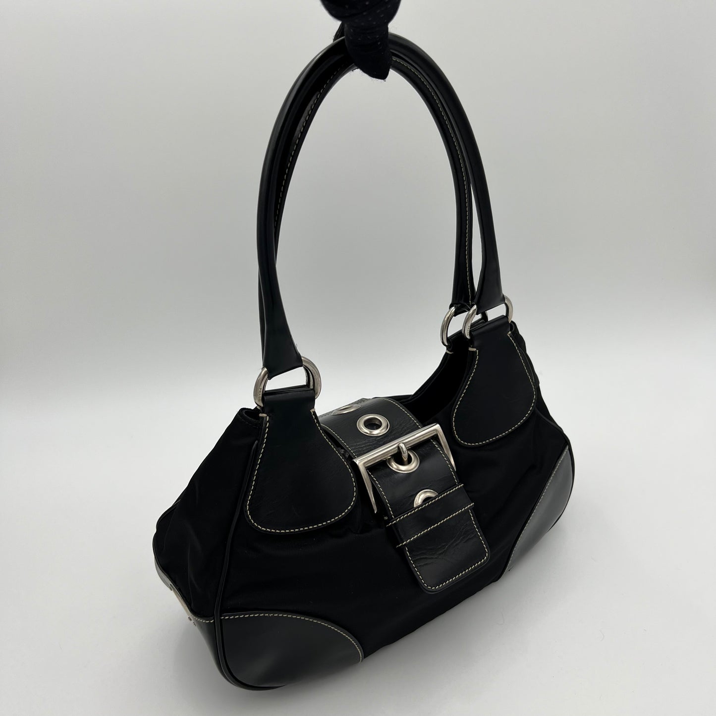 Prada Black Tessuto and Leather Moon Hobo Shoulder Bag