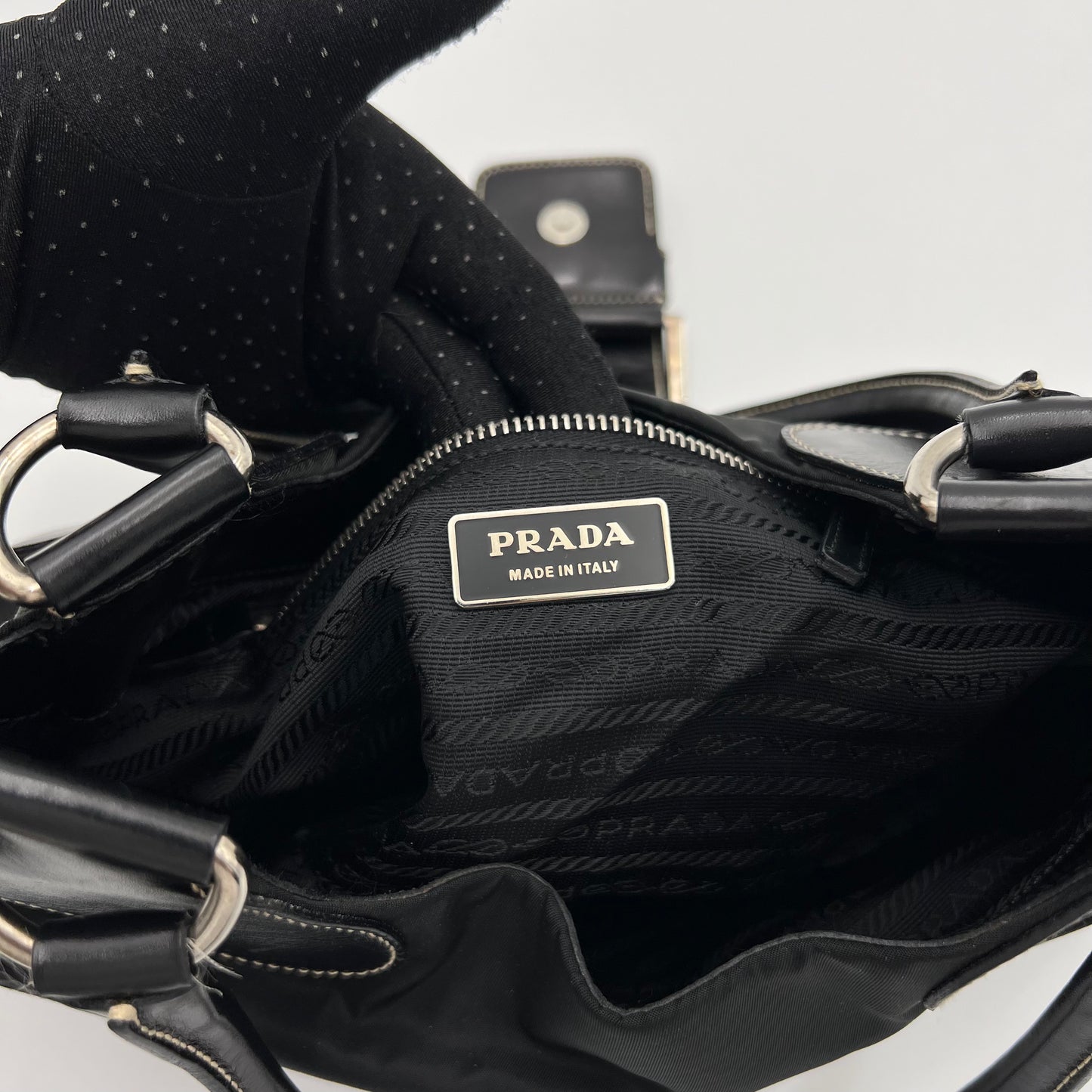 Prada Black Tessuto and Leather Moon Hobo Shoulder Bag