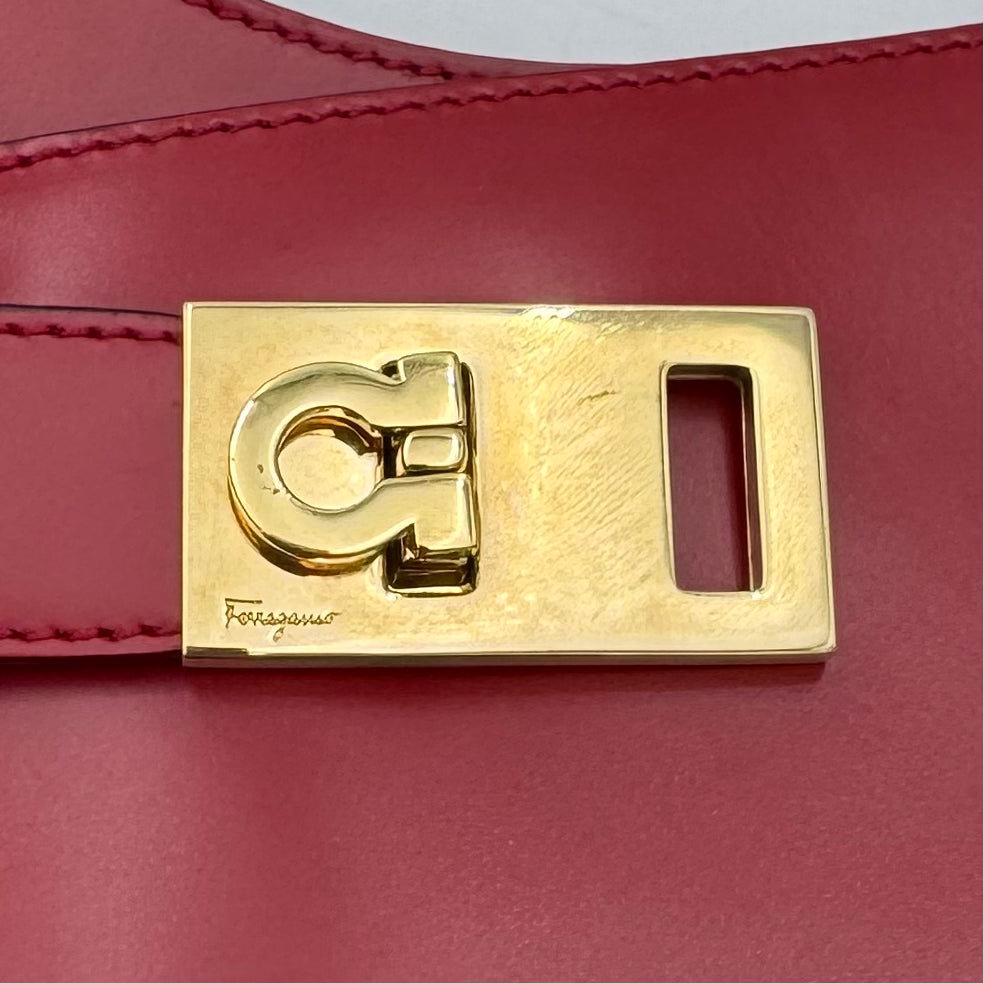 Salvatore Ferragamo Red Leather Gancini Hobo Shoulder Bag GHW