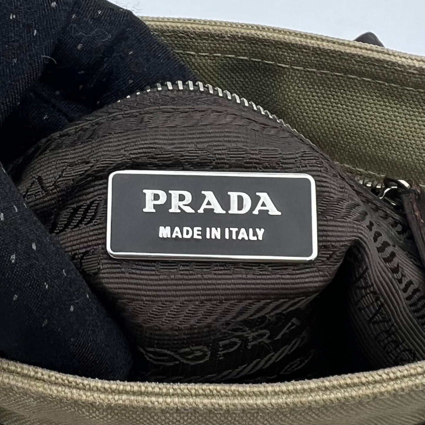Prada Green Canvas Brown Leather Tote