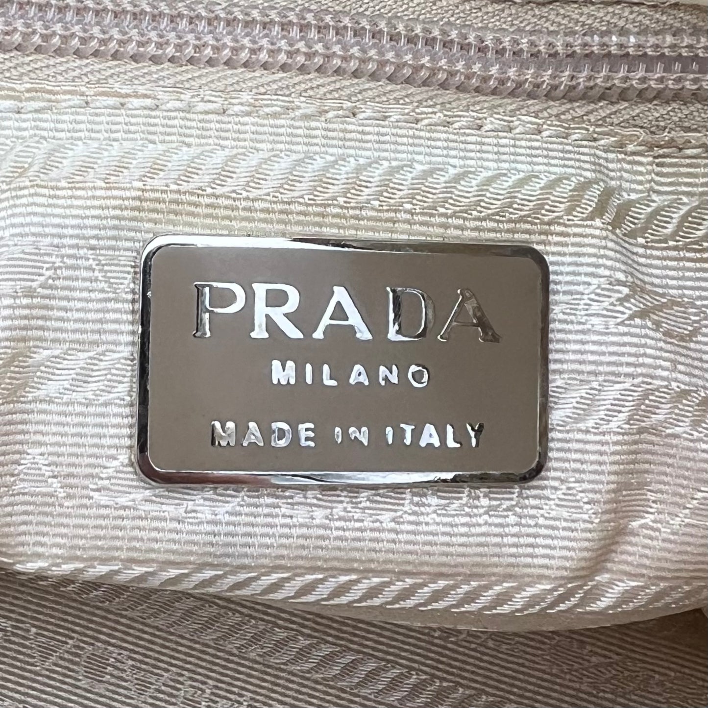 Prada Beige Lino Nappa Leather and Nylon Small Zip Chain Bag