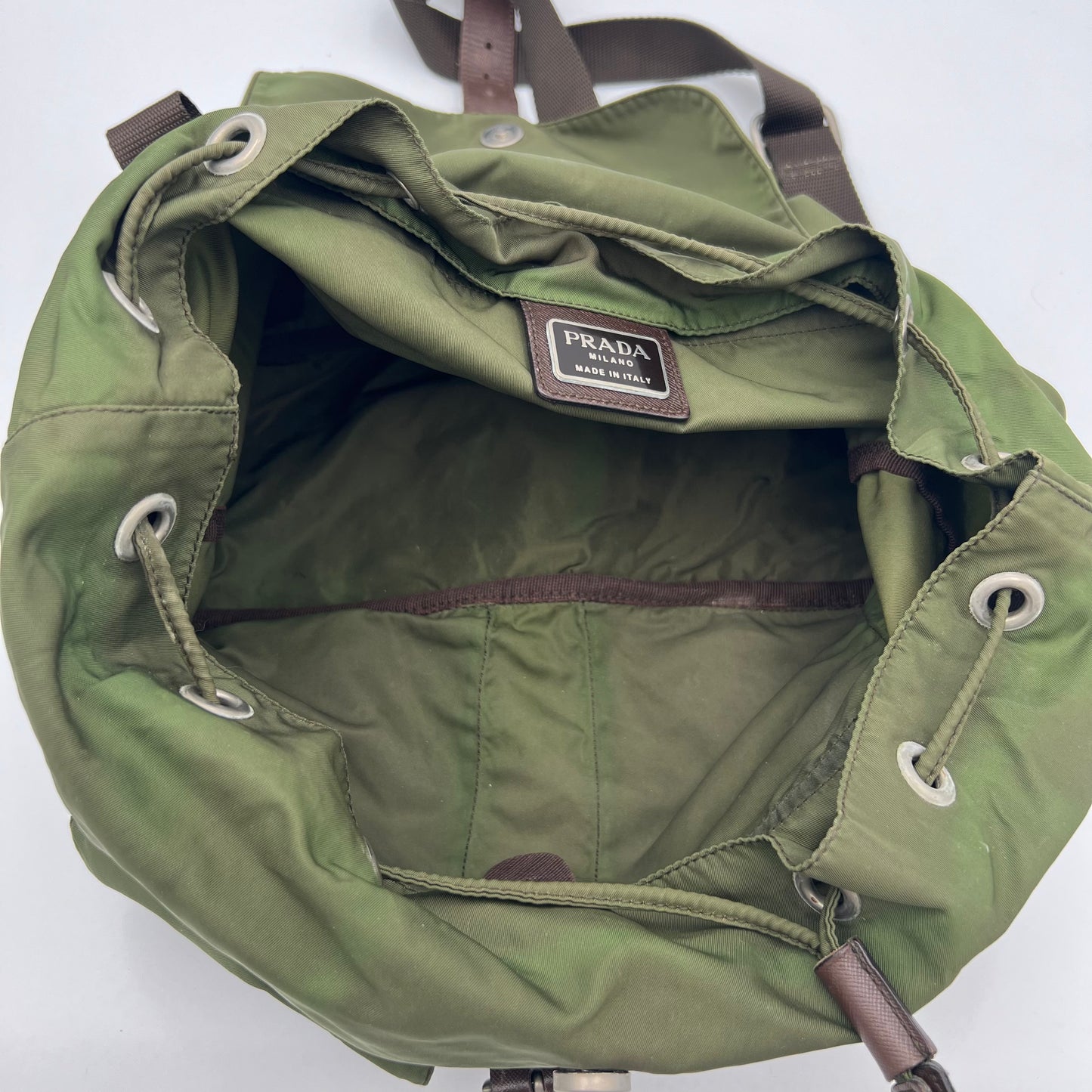 Prada Green Nylon and Brown Leather Backpack