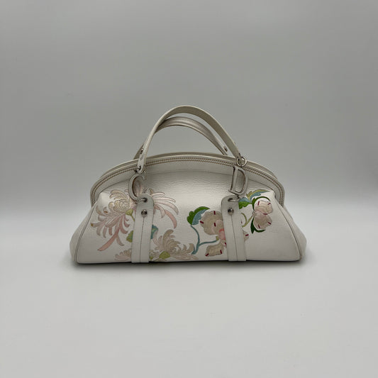 Christian Dior White Leather Embroidered Flower Handbag