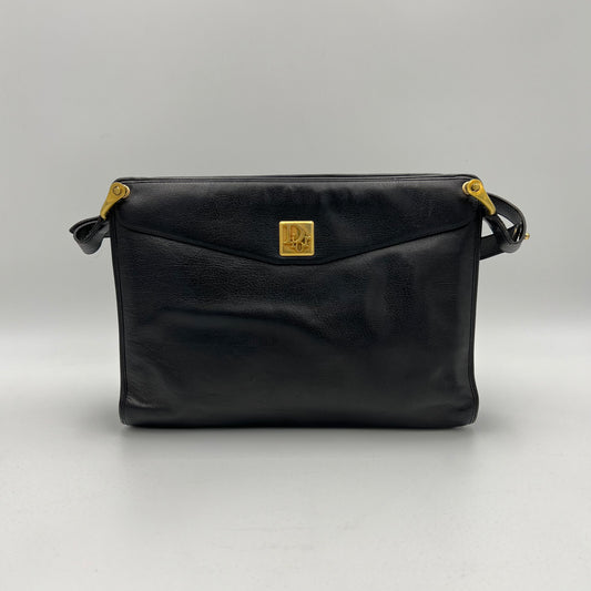 Christian Dior Vintage Black Leather Logo Plate Shoulder Bag
