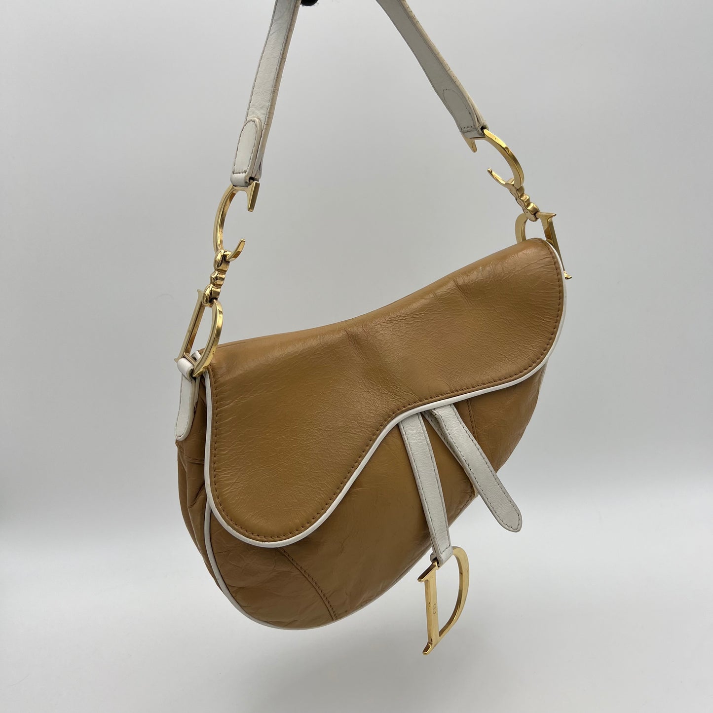 Christian Dior Beige White Leather Camel Saddle