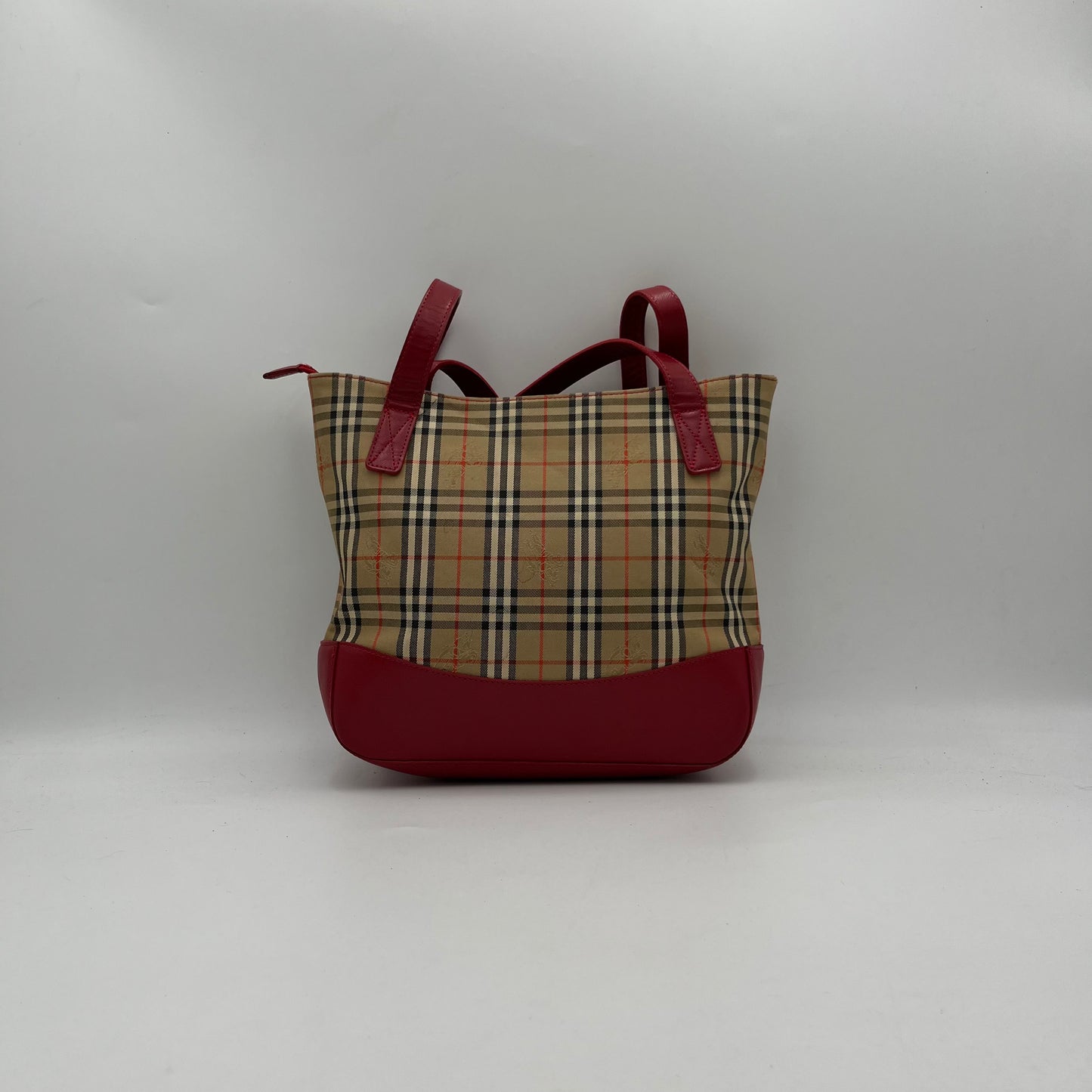 Burberry Haymarket Canvas Red Leather Tote Bag