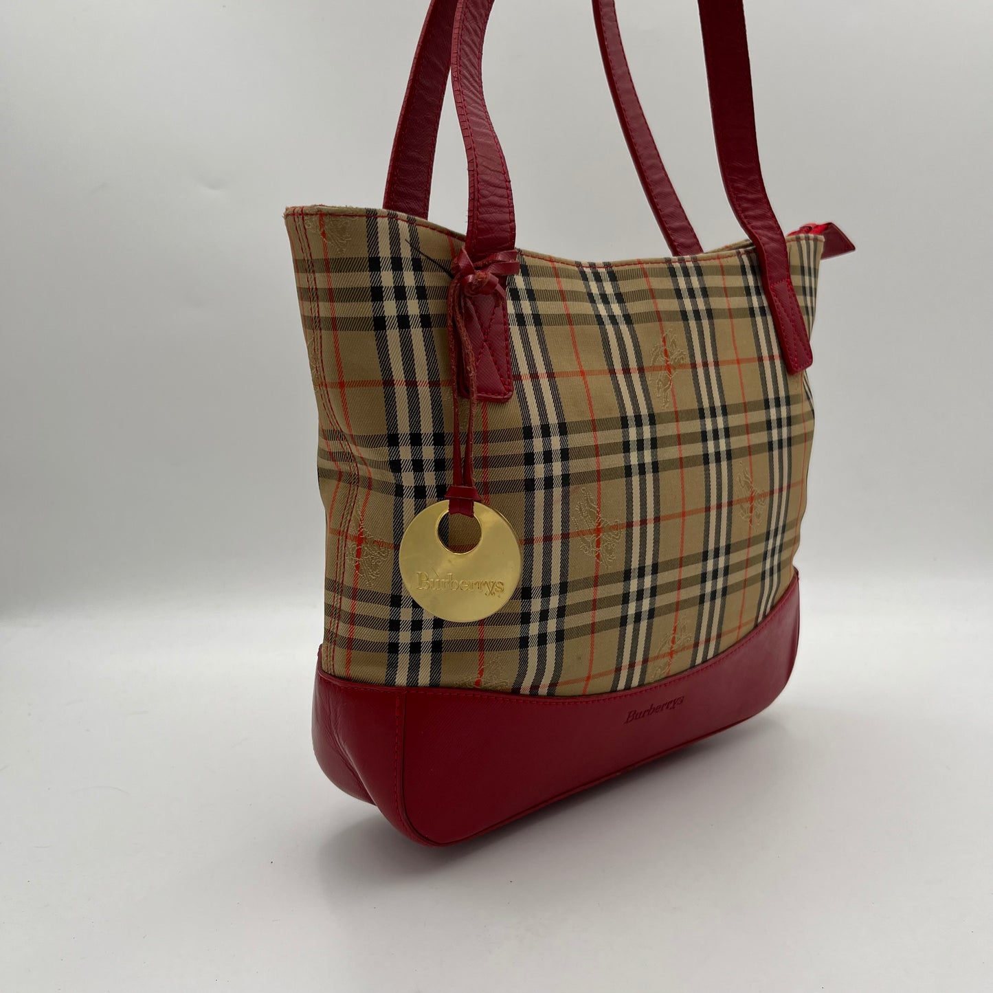 Burberry Haymarket Canvas Red Leather Tote Bag