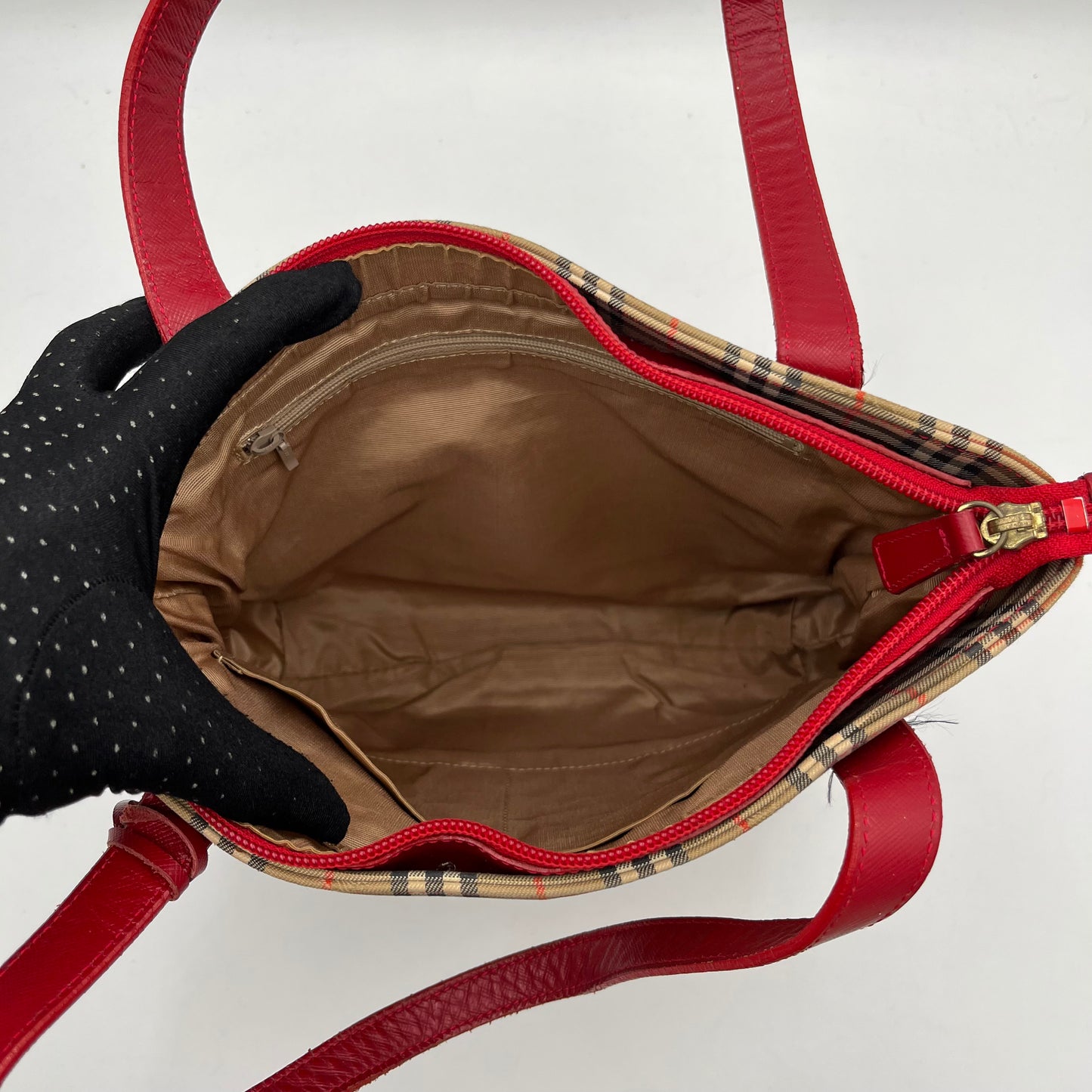 Burberry Haymarket Canvas Red Leather Tote Bag