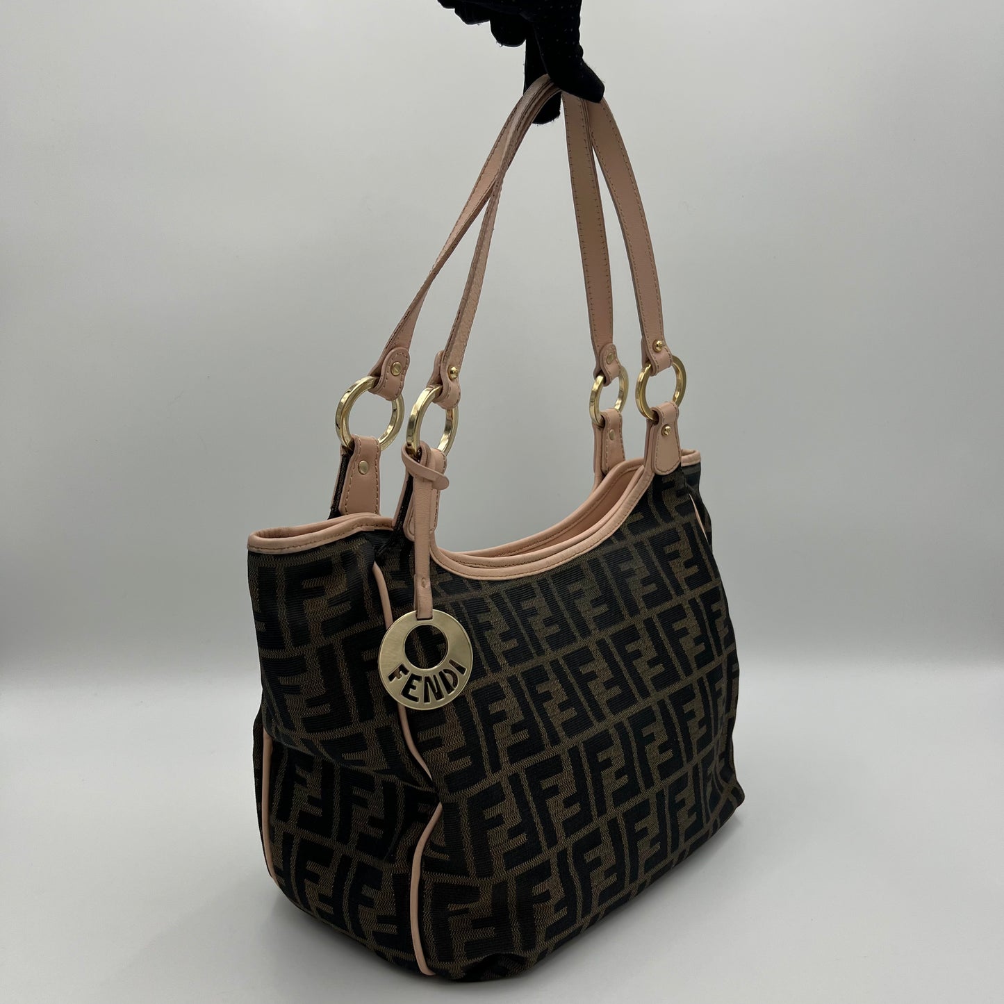 Fendi Tobacco Zucca Canvas and Light Pink Leather Chef Tote Shoulder Bag