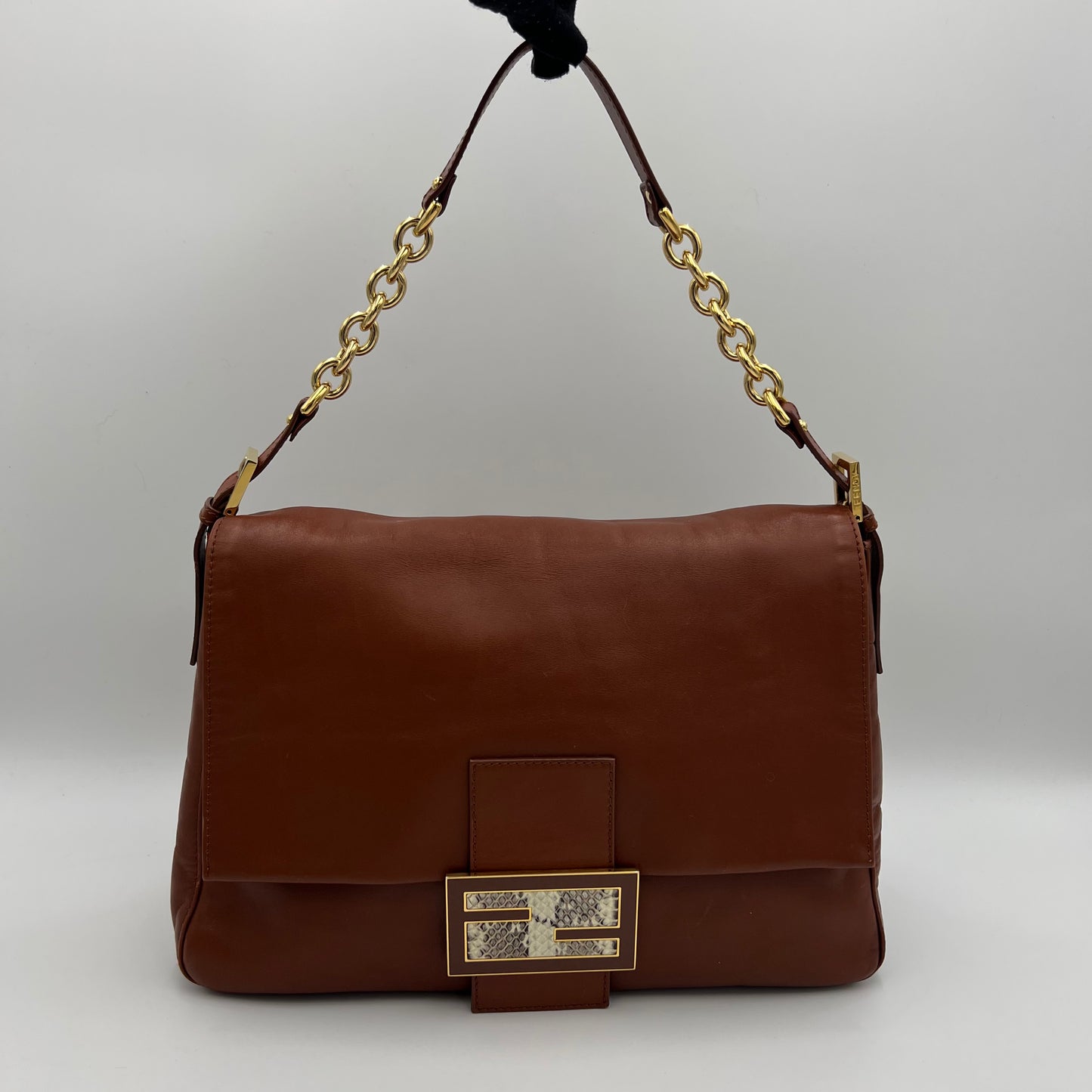 Fendi Brown Leather Watersnake FF Big Mamma Baguette