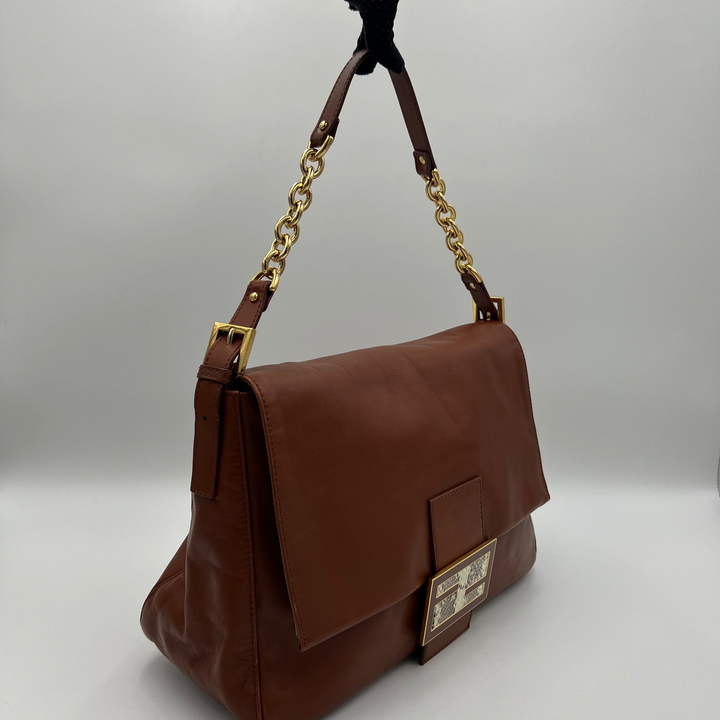Fendi Brown Leather Watersnake FF Big Mamma Baguette