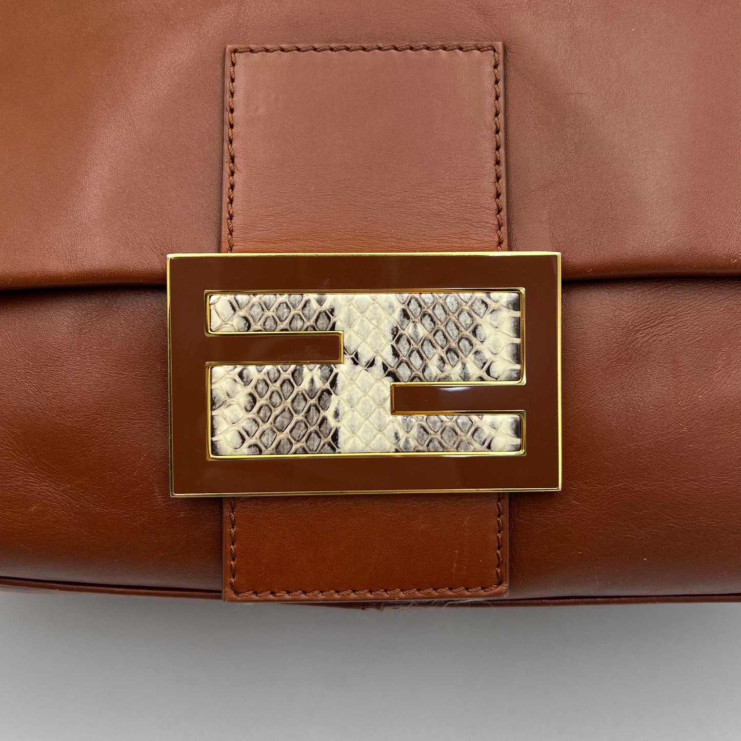Fendi Brown Leather Watersnake FF Big Mamma Baguette