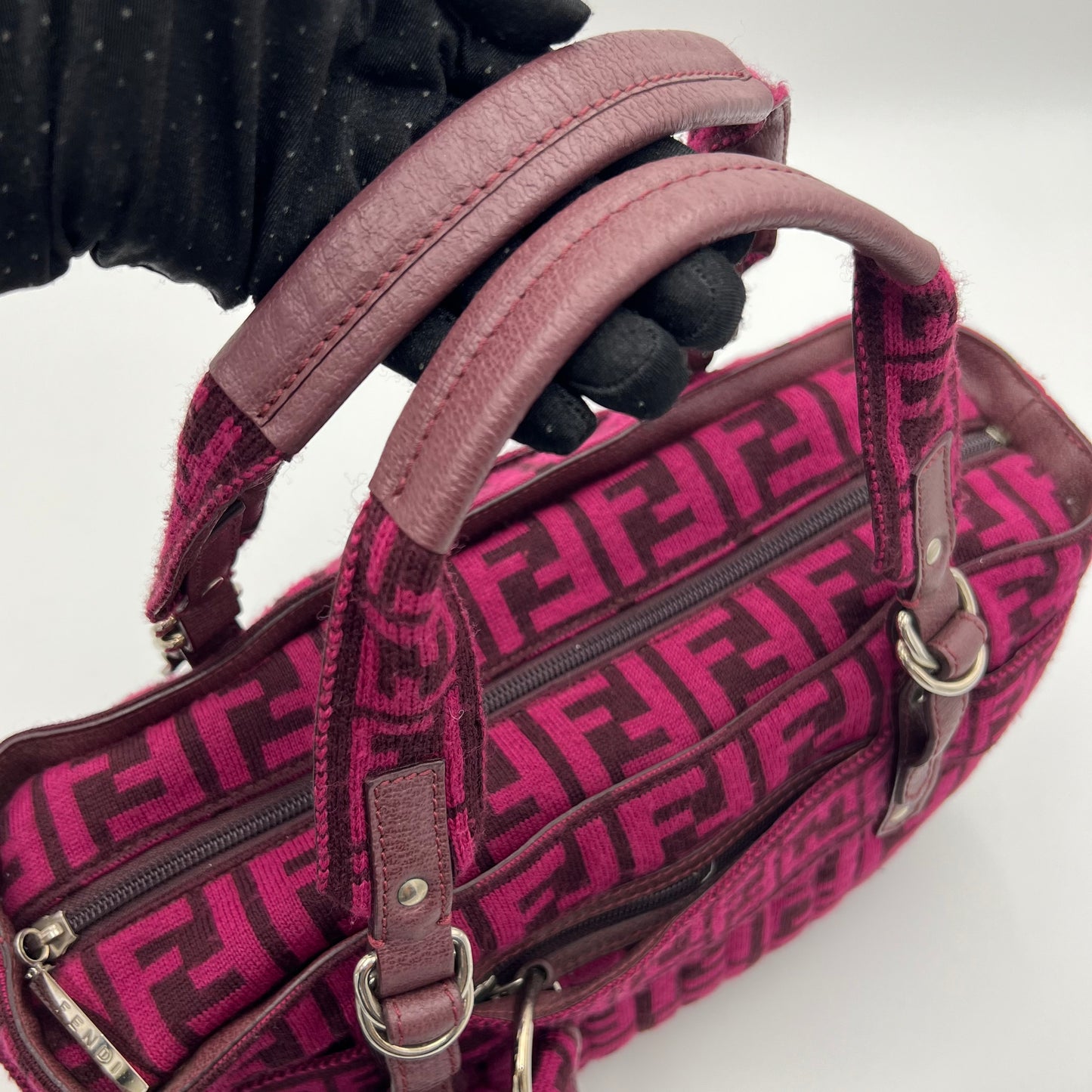 Fendi Pink Zucca Wool Pom Pom Handbag