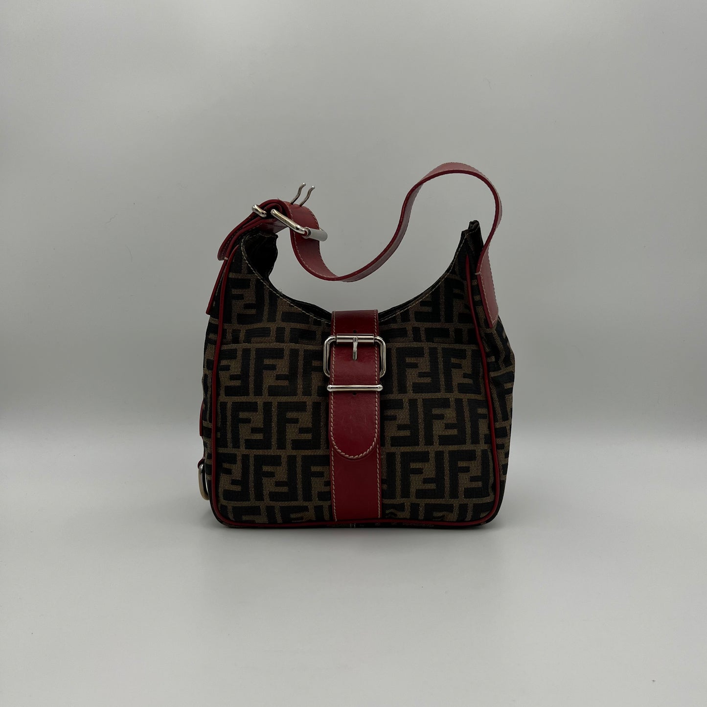 Fendi Tobacco Zucca Burgundy Leather Buckle Hobo Shoulder Bag
