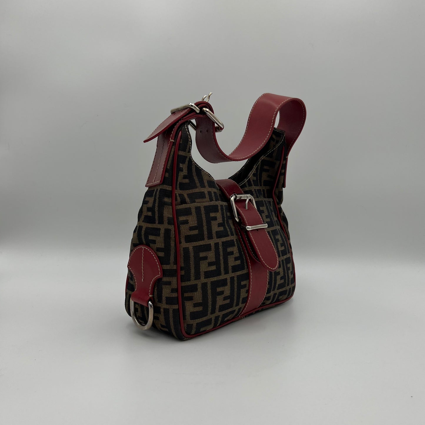 Fendi Tobacco Zucca Burgundy Leather Buckle Hobo Shoulder Bag