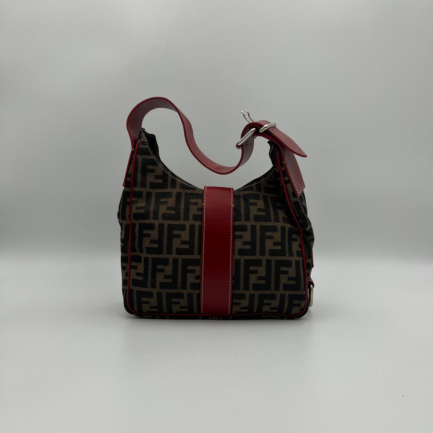 Fendi Tobacco Zucca Burgundy Leather Buckle Hobo Shoulder Bag