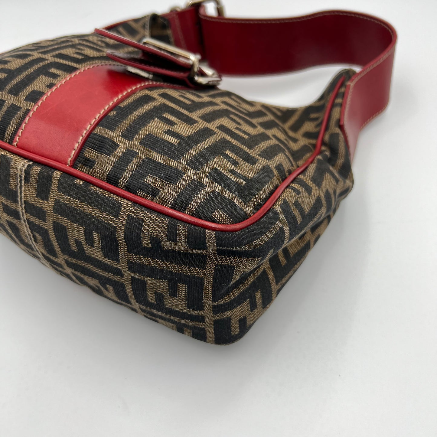 Fendi Tobacco Zucca Burgundy Leather Buckle Hobo Shoulder Bag