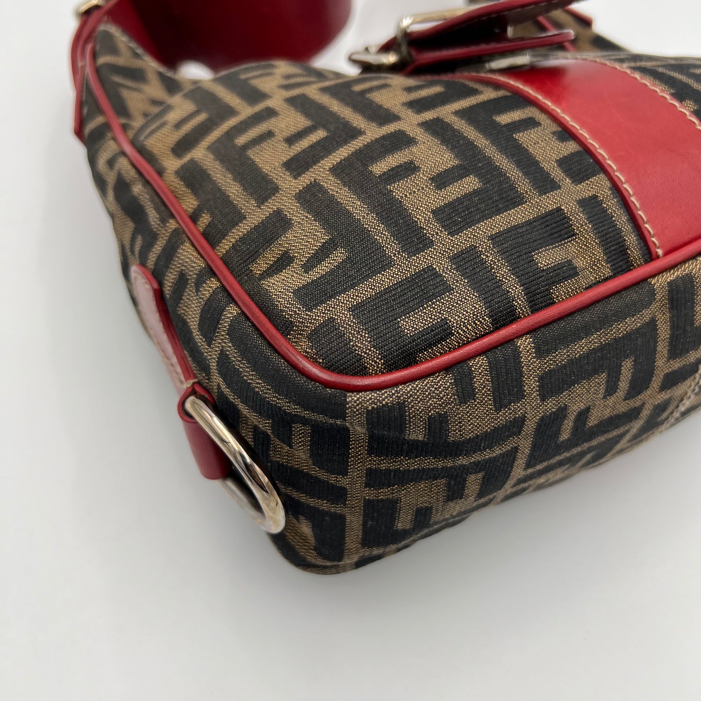 Fendi Tobacco Zucca Burgundy Leather Buckle Hobo Shoulder Bag