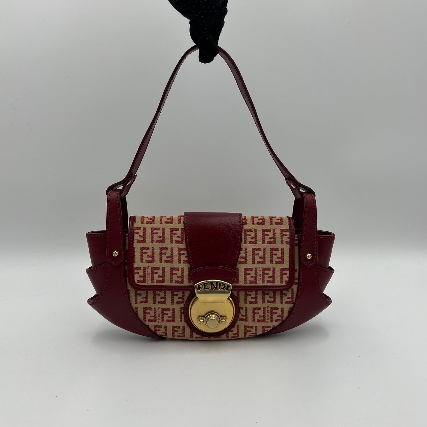 Fendi Red Zucchino Canvas and Leather Pelle Borse Baguette