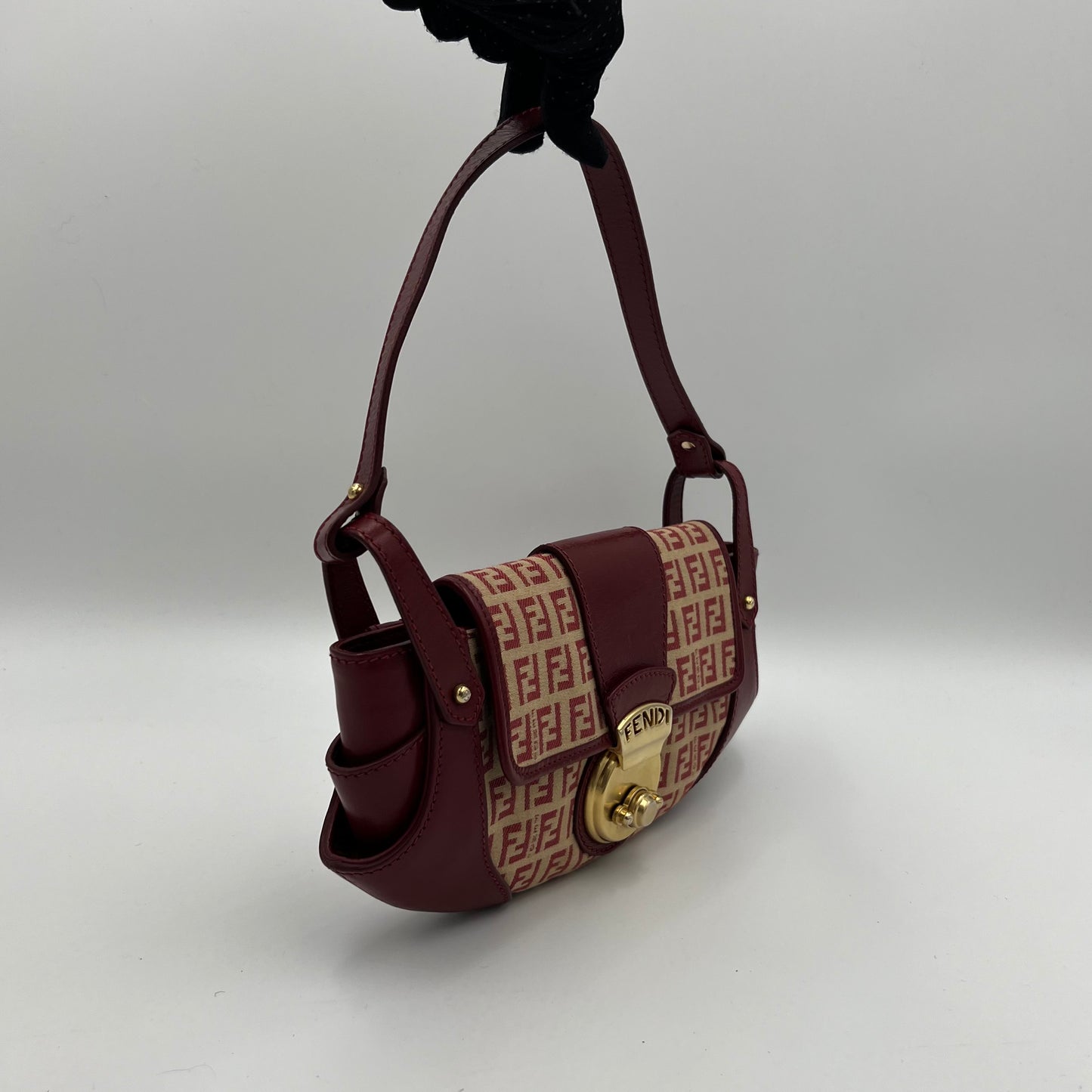 Fendi Red Zucchino Canvas and Leather Pelle Borse Baguette