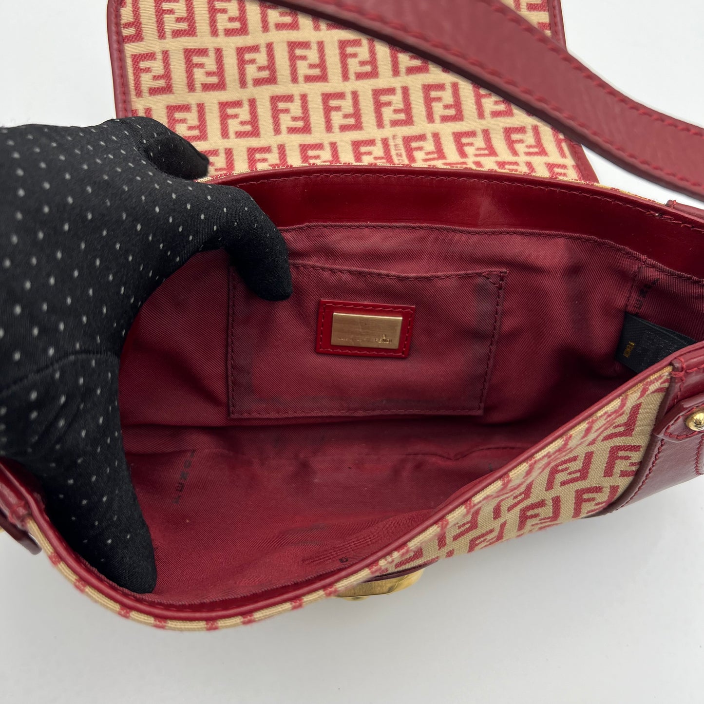 Fendi Red Zucchino Canvas and Leather Pelle Borse Baguette