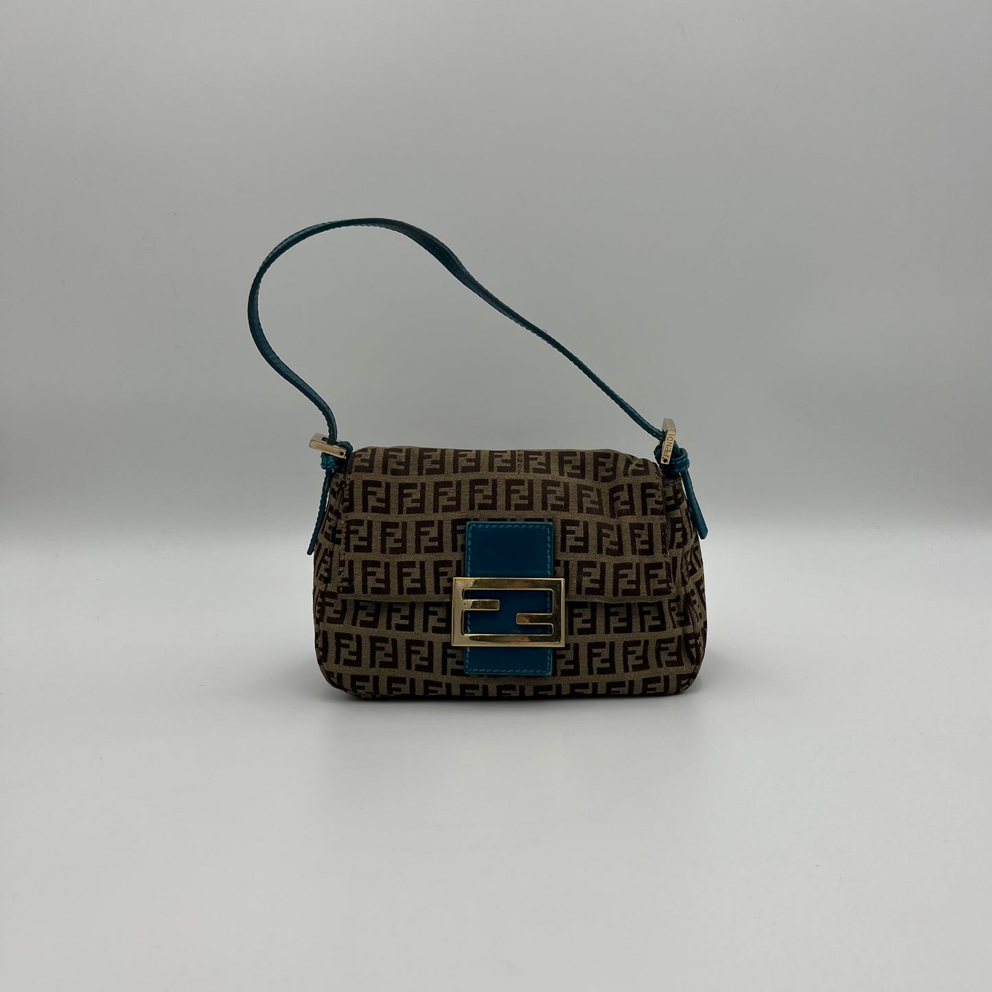 Fendi Brown Zucchino Blue Leather Mini Baguette