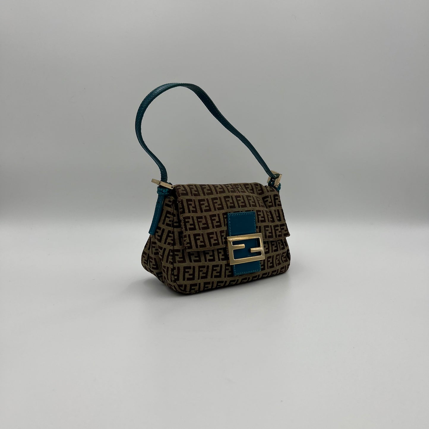 Fendi Brown Zucchino Blue Leather Mini Baguette
