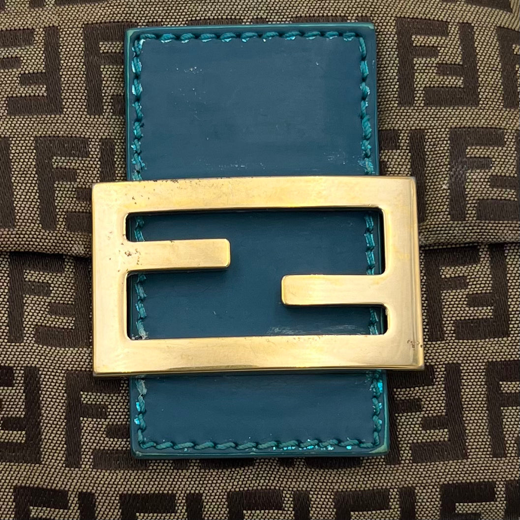 Fendi Brown Zucchino Blue Leather Mini Baguette