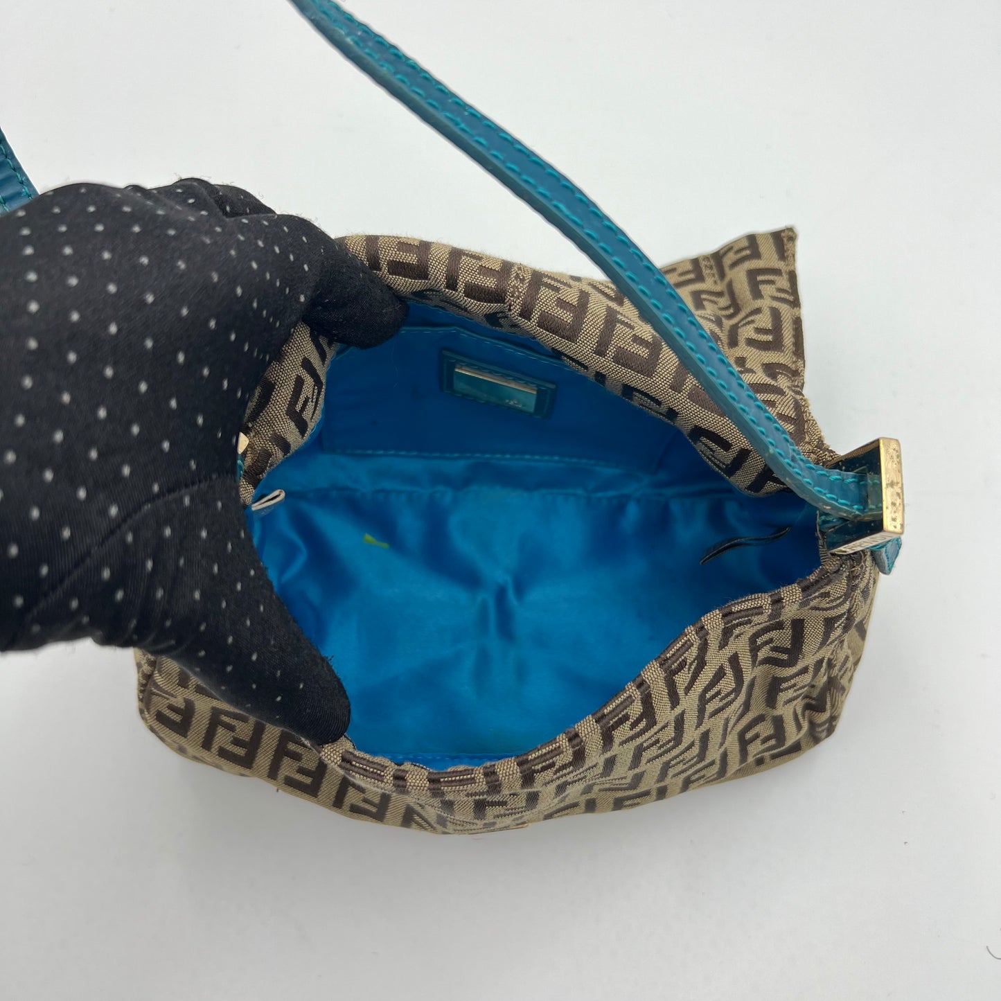 Fendi Brown Zucchino Blue Leather Mini Baguette