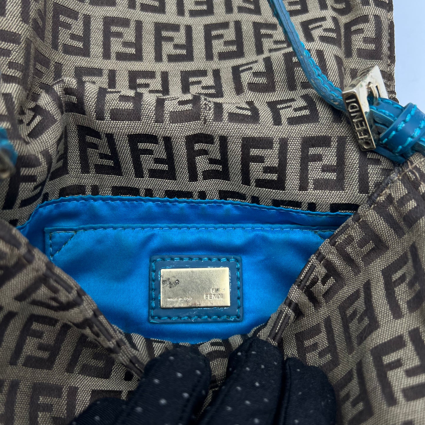 Fendi Brown Zucchino Blue Leather Mini Baguette