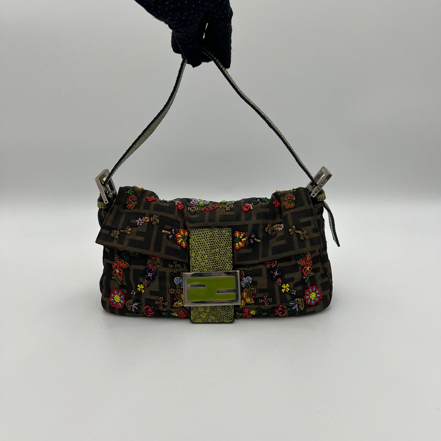 Fendi Tobacco Zucca Lizard Trimmed Multicolor Floral Beaded Baguette